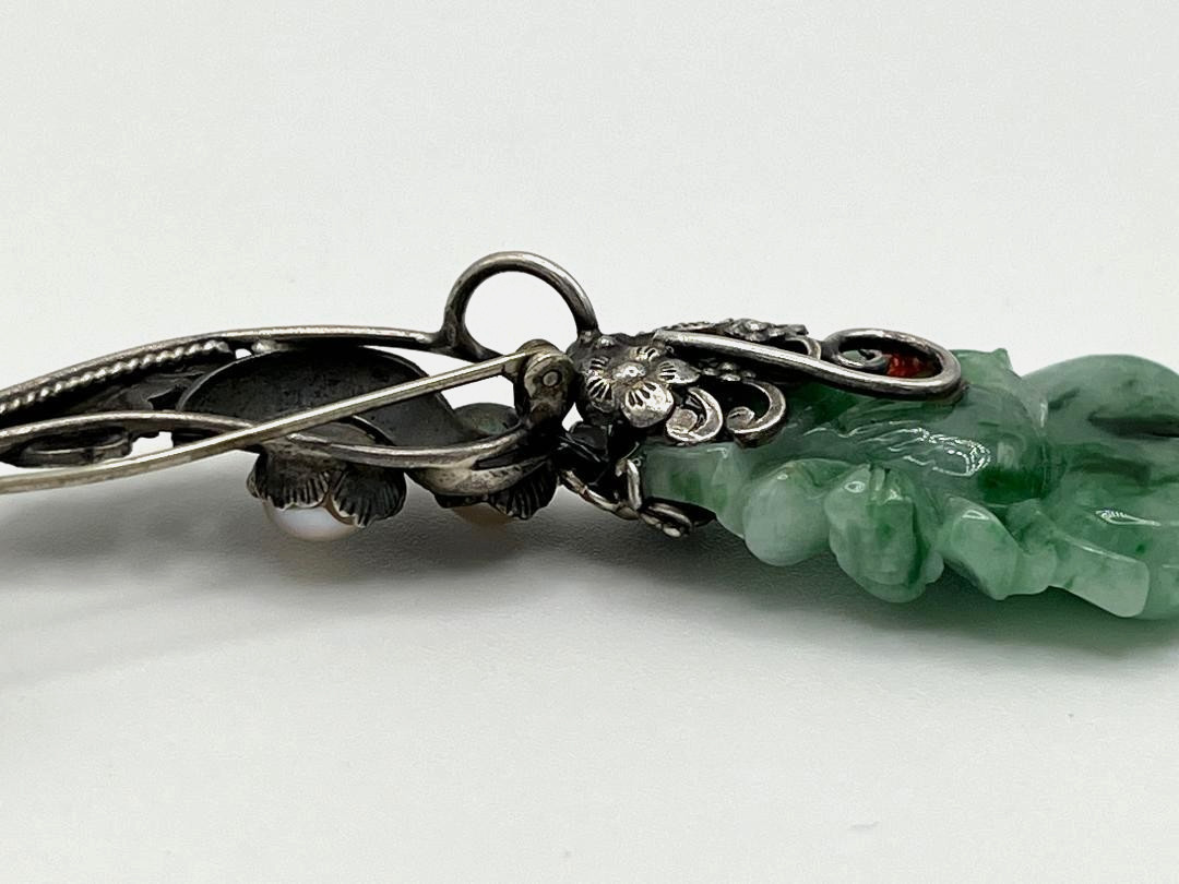 Estate Vtg Chinese Export Carved Green Jadeite Jade 925 Sterling Silver Brooch