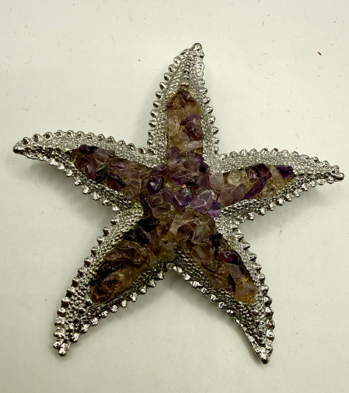 Starfish Brooch Silver Tone With Amethyst Chip Inlay 2” Statement Pin Coastal