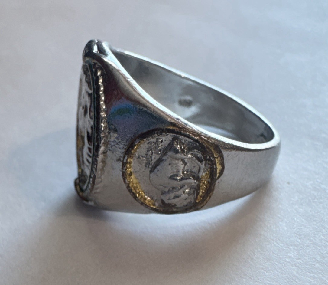 Vintage Sterling Silver Tone Men’s Buffalo Nickel Coin Signet Ring Size 10.5