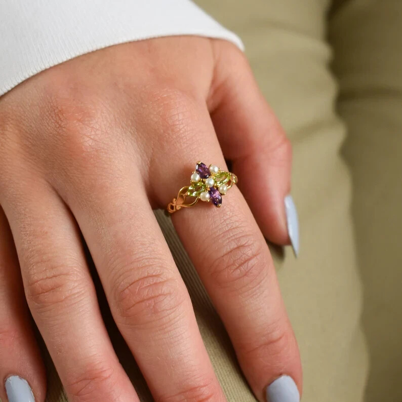 Suffragette Cluster Ring Natural Peridot Amethyst Pearl 14k Yellow Gold Finish