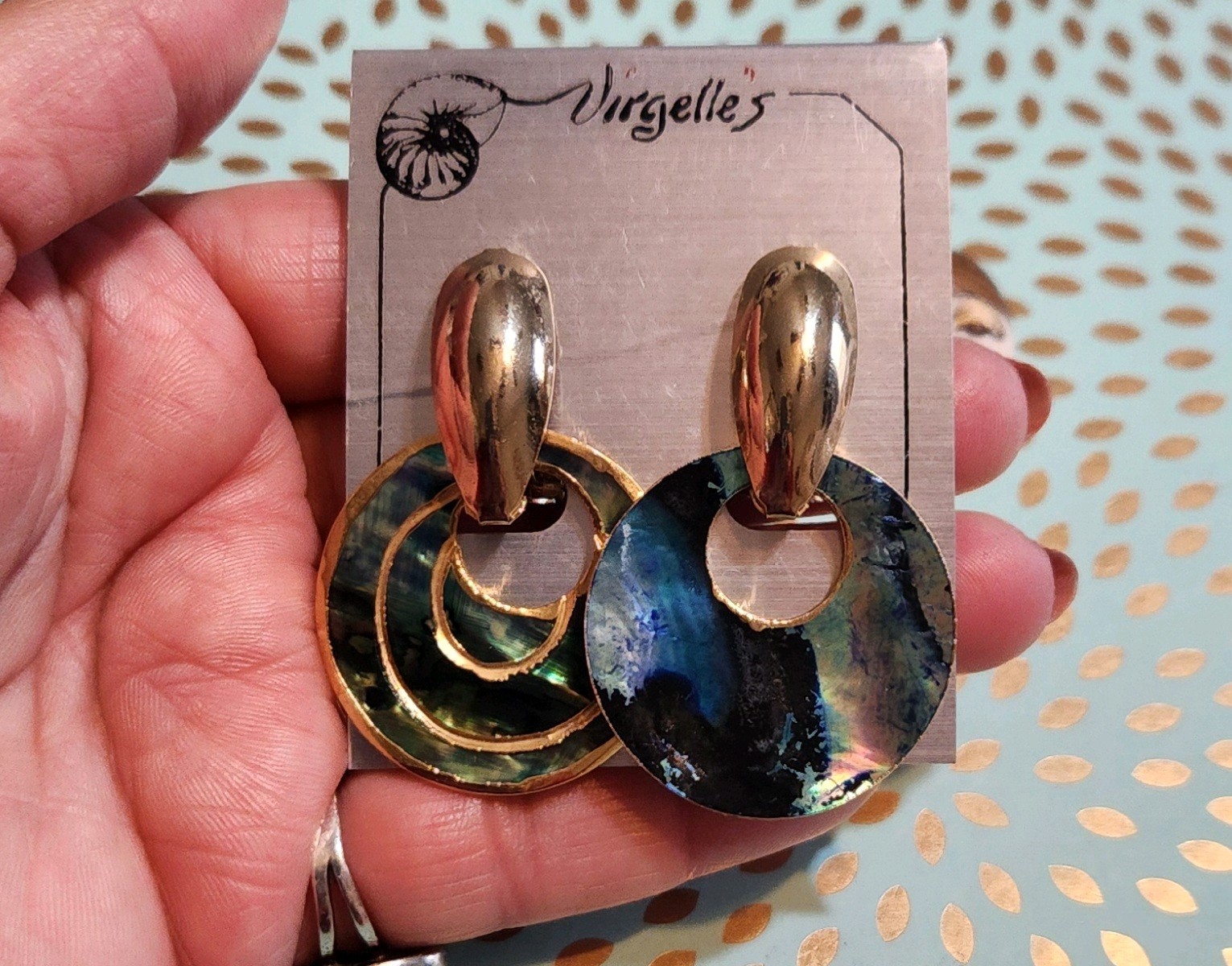 VTG NOS!! Peacock Paua Shell Doornocker Goldtone 2 In 1 Earrings