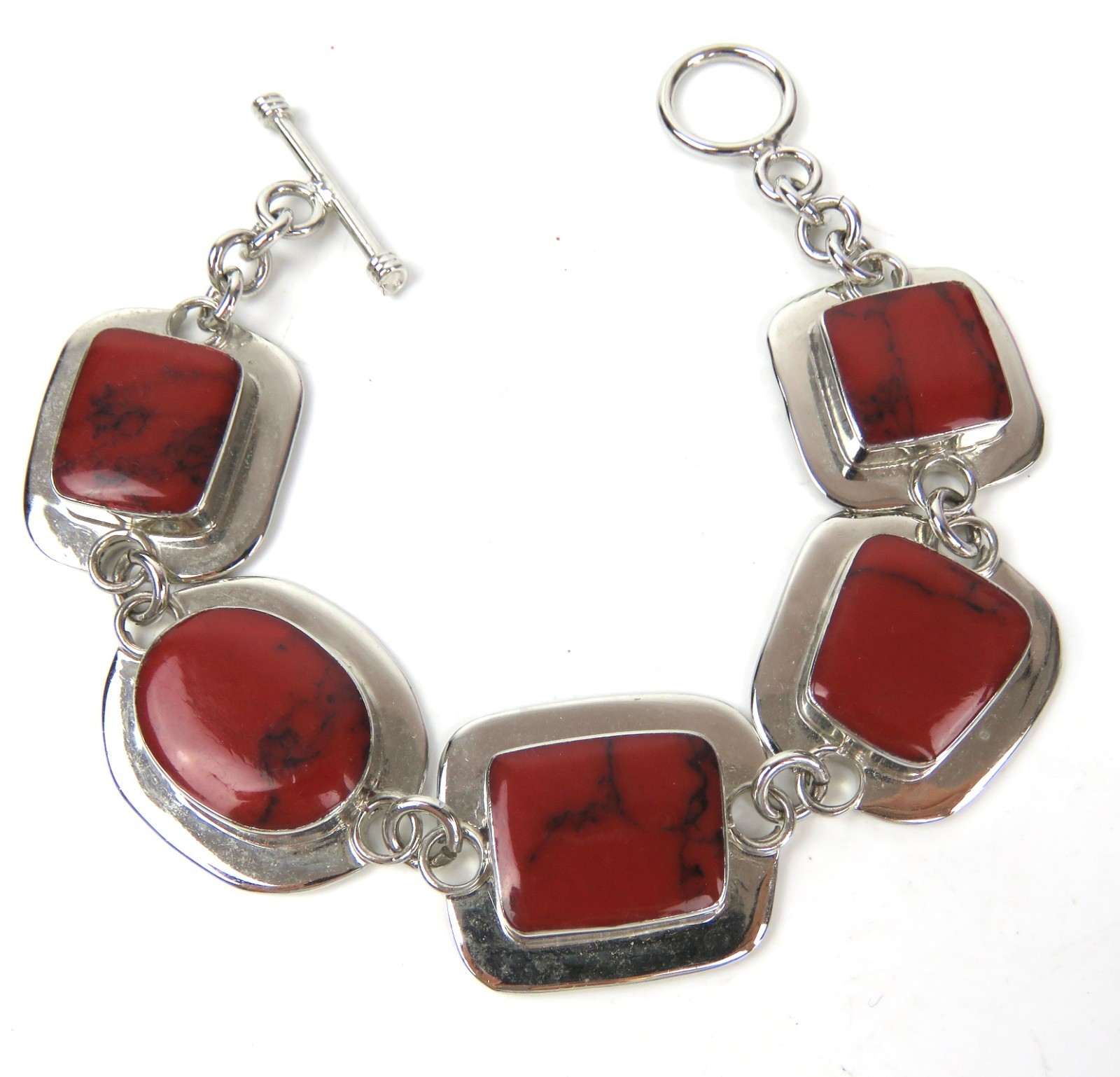 ATI MEXICO 925 Sterling Silver Jasper Stone Link Bracelet Toggle Closure