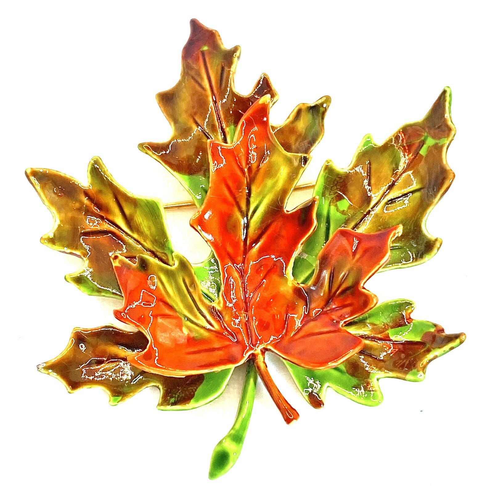 Vtg GoldTone Unmarked Brooch ClipOn Earrings 3D Fall Colors Leaves Unique Rare C