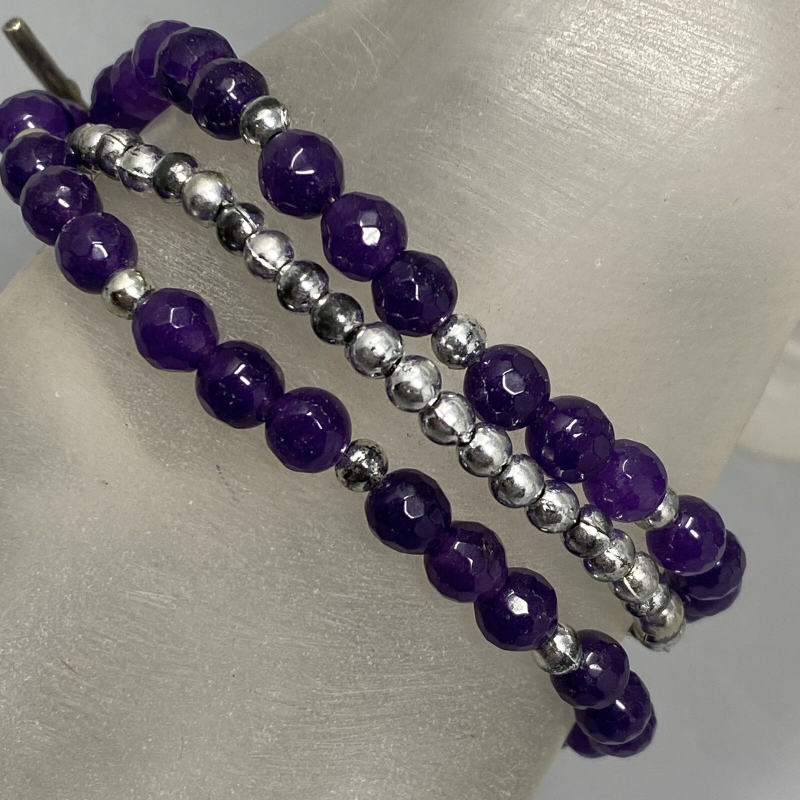 Amethyst Bracelet Purple Gemstone Faceted Stone Beads Layered Flower Toggle 6.75