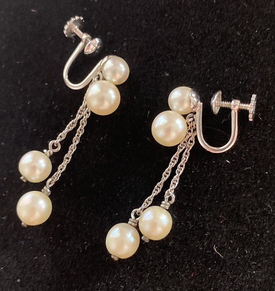 Earrings Champagne Pearls & White Gold 10K Dangle Drop w/ Screw Backs Vintage