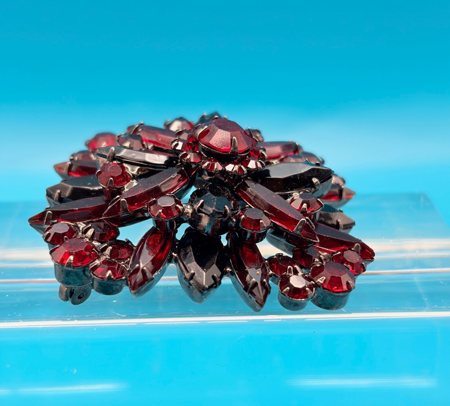 Juliana D&E Brooch/Pendant Vtg Ruby Red & Black Glass Rhinestones Verified 7125