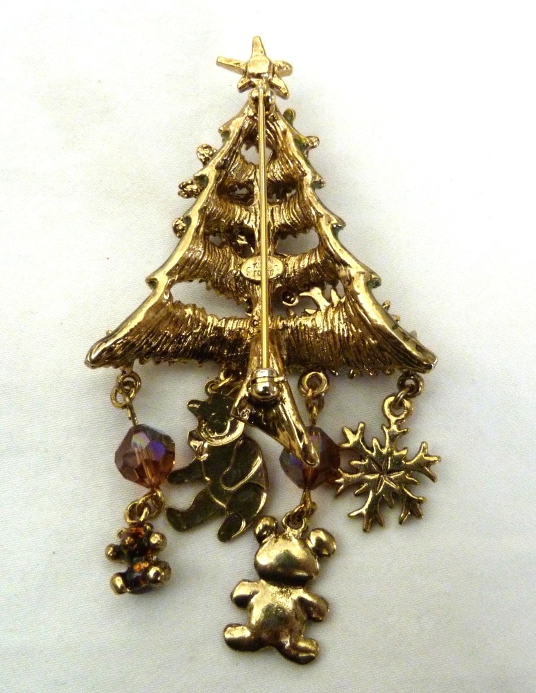 3 1/2″ KIRKS FOLLY ENAMEL DANGLE TEDDY BEARS SNOWFLAKE CHARMS CHRISTMAS TREE PIN