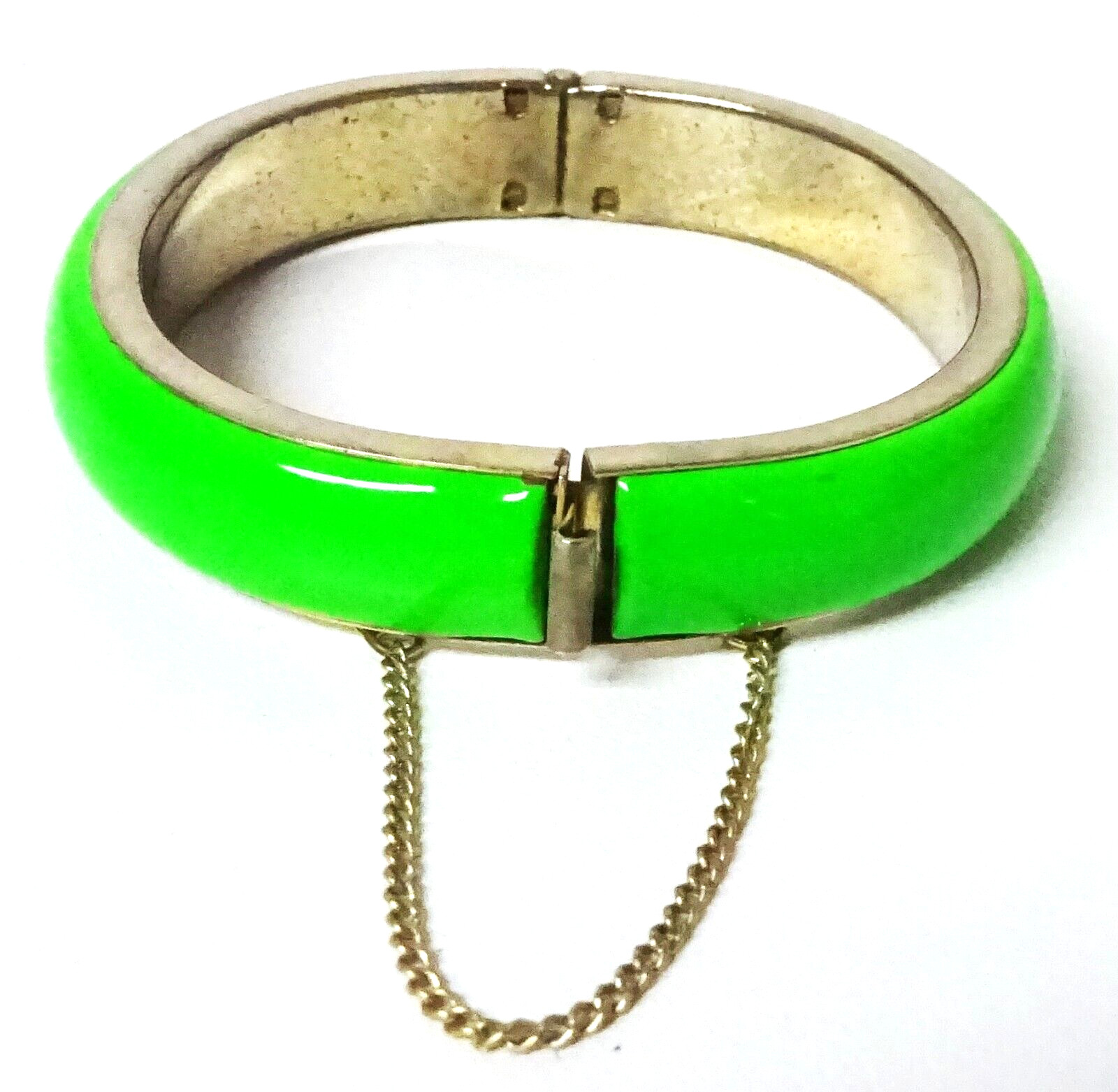 Mod Vintage 1960s Hinged Lime Green Enamel Metal Bangle BRACELET