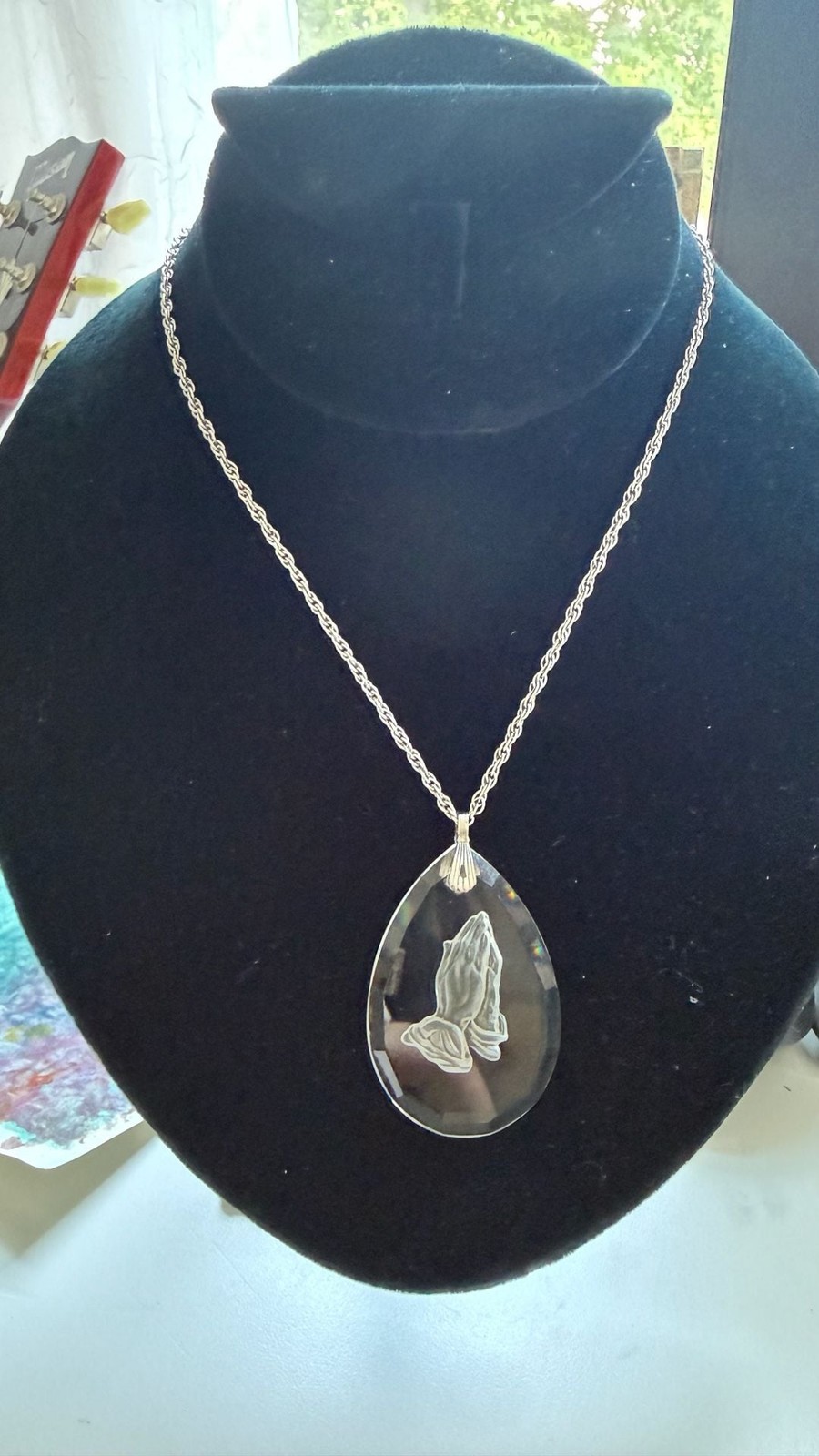Vintage Hallmark Cards Praying Hands Teardrop Crystal Pendant Necklace