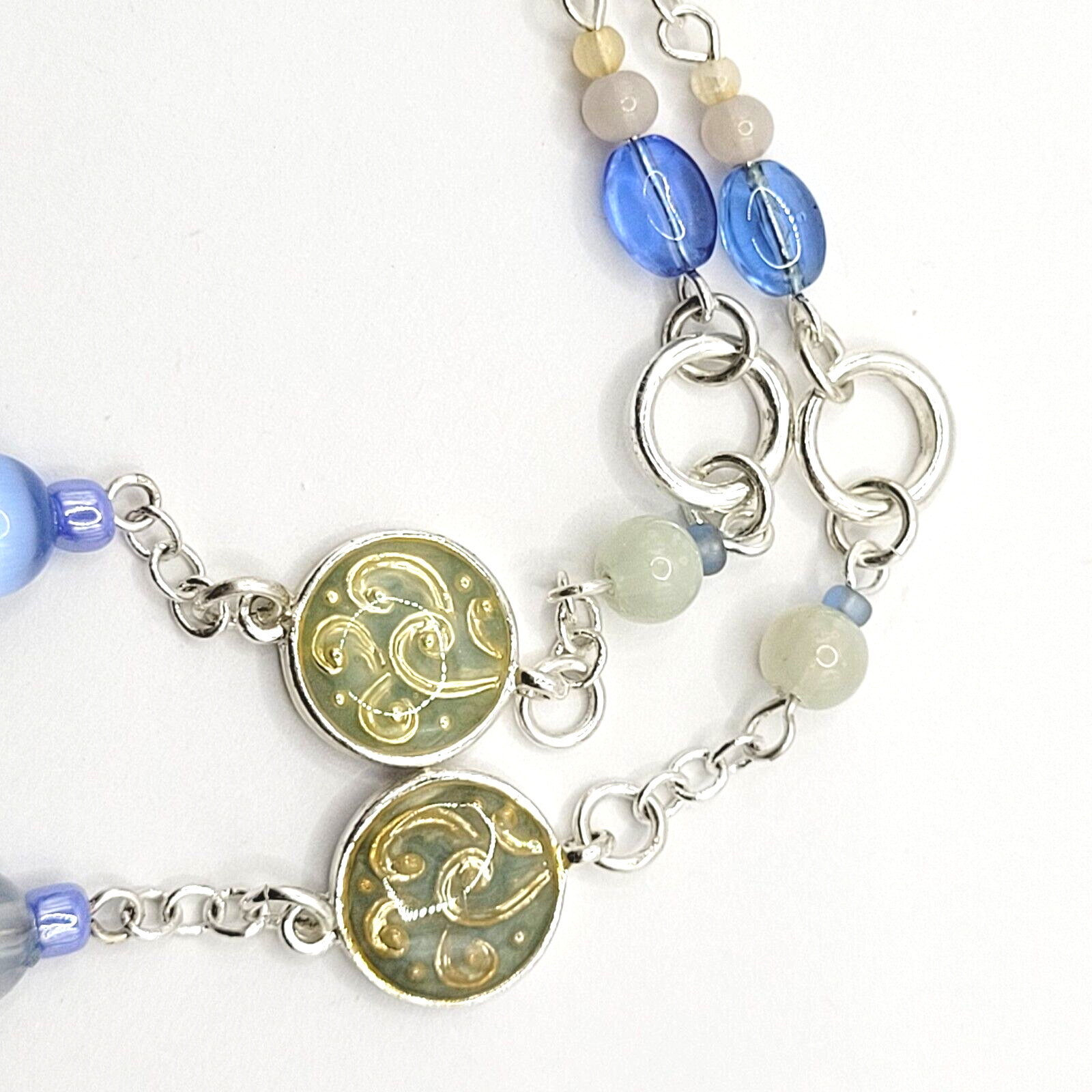 Blue & White Moonstone with Glass & Enamel Silver Tone Chain Necklace KR 24 Inch