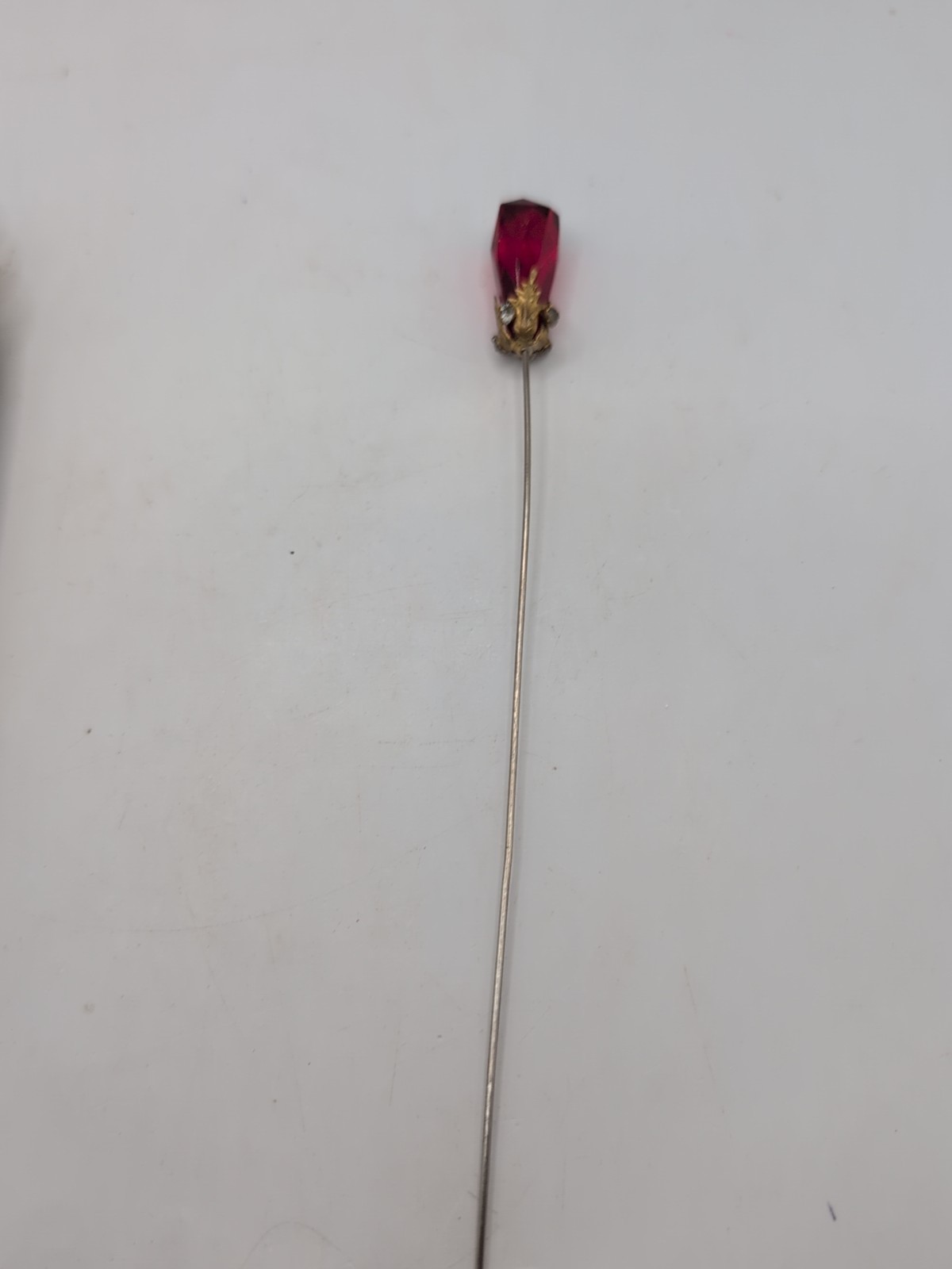 Vintage Red Glass , Rhinestone, Brass Hat Pin 7.5″