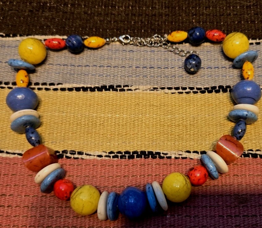 Vintage Acrylic?Glass? Statement 16″ Necklace Blue Yellow Red Lobster Clasp