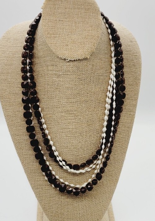 White & Brown plastic beaded Long Necklace 50 in Vintage ART DECO