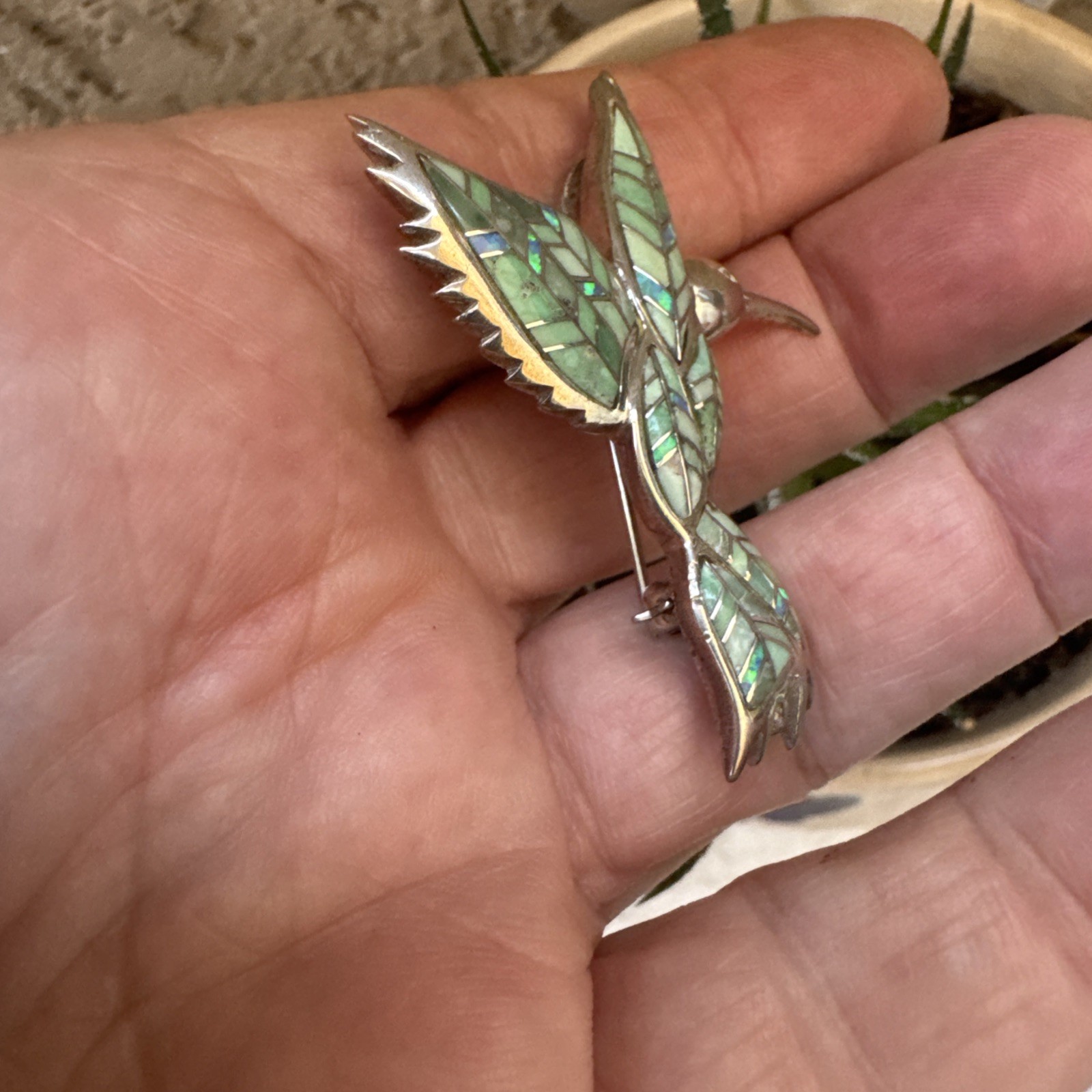 Vintage Sterling Silver Gaspeite+Opal Green Inlay Hummingbird PENDANT or BROOCH