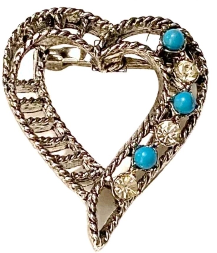 VINTAGE GERRYS AQUA BALL CLEAR RHINESTONE GOLD TONE HEART PIN BROOCH