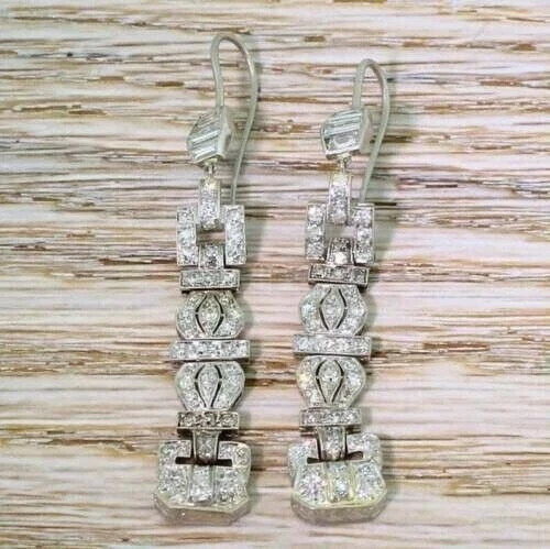 5.3Ct Art Deco Style Lab Diamond Birthday Drop Dangle 14k White Gold Earring Set