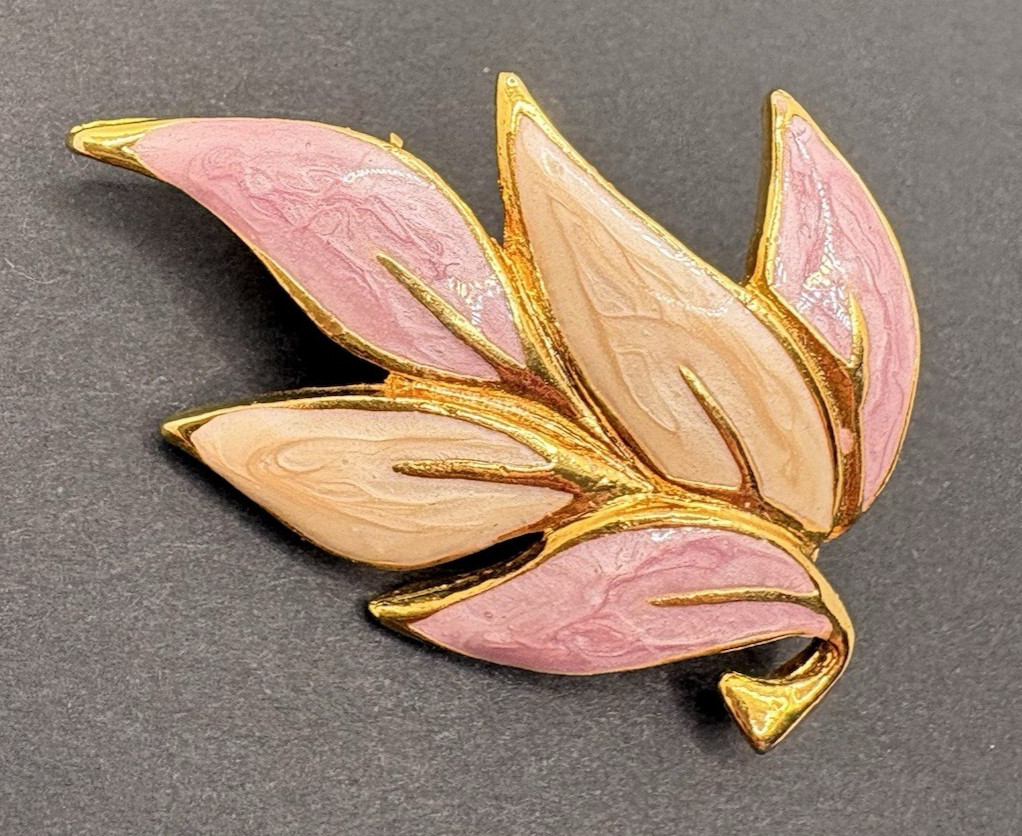 Vintage Pink & Cream Enamel Leaf Spray Brooch Gold Tone Edges Nature Glam