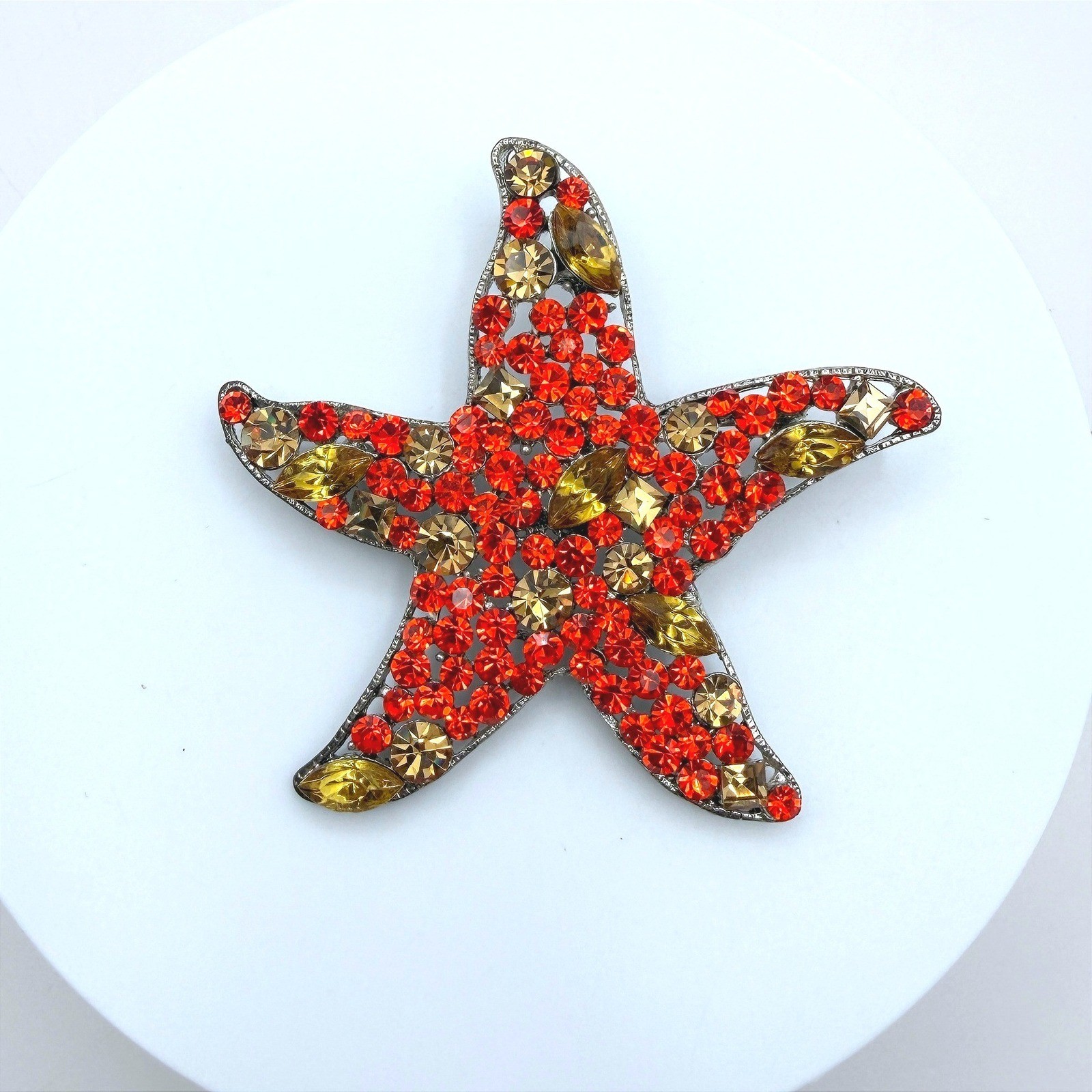 Vintage Red Yellow Rhinestones Silver-Tone Aluminium Starfish-Shaped Brooch Pin