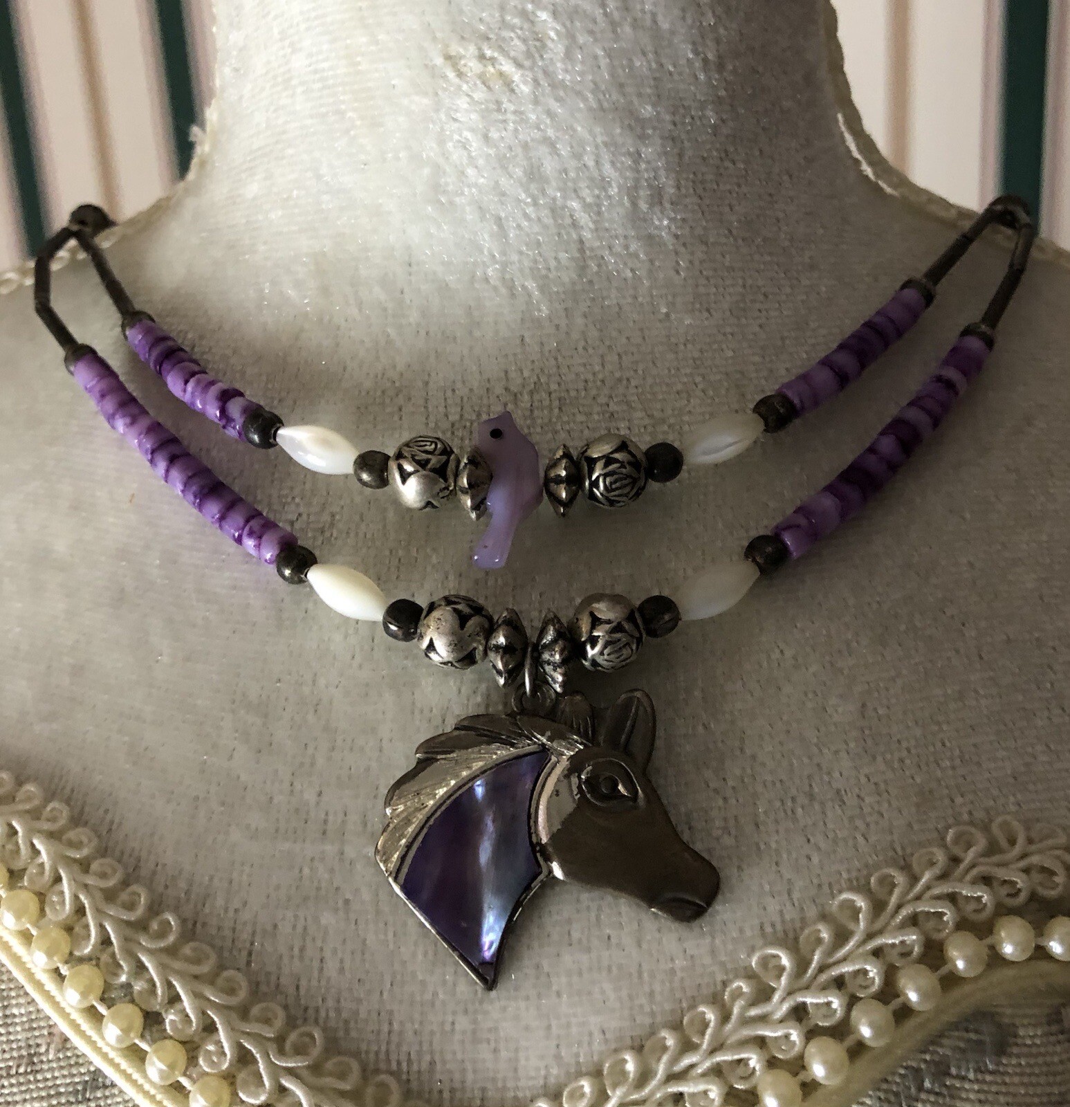 Equestrian Horse Necklace Purple Pony Pendant Silver Roses Beaded Bird 16”