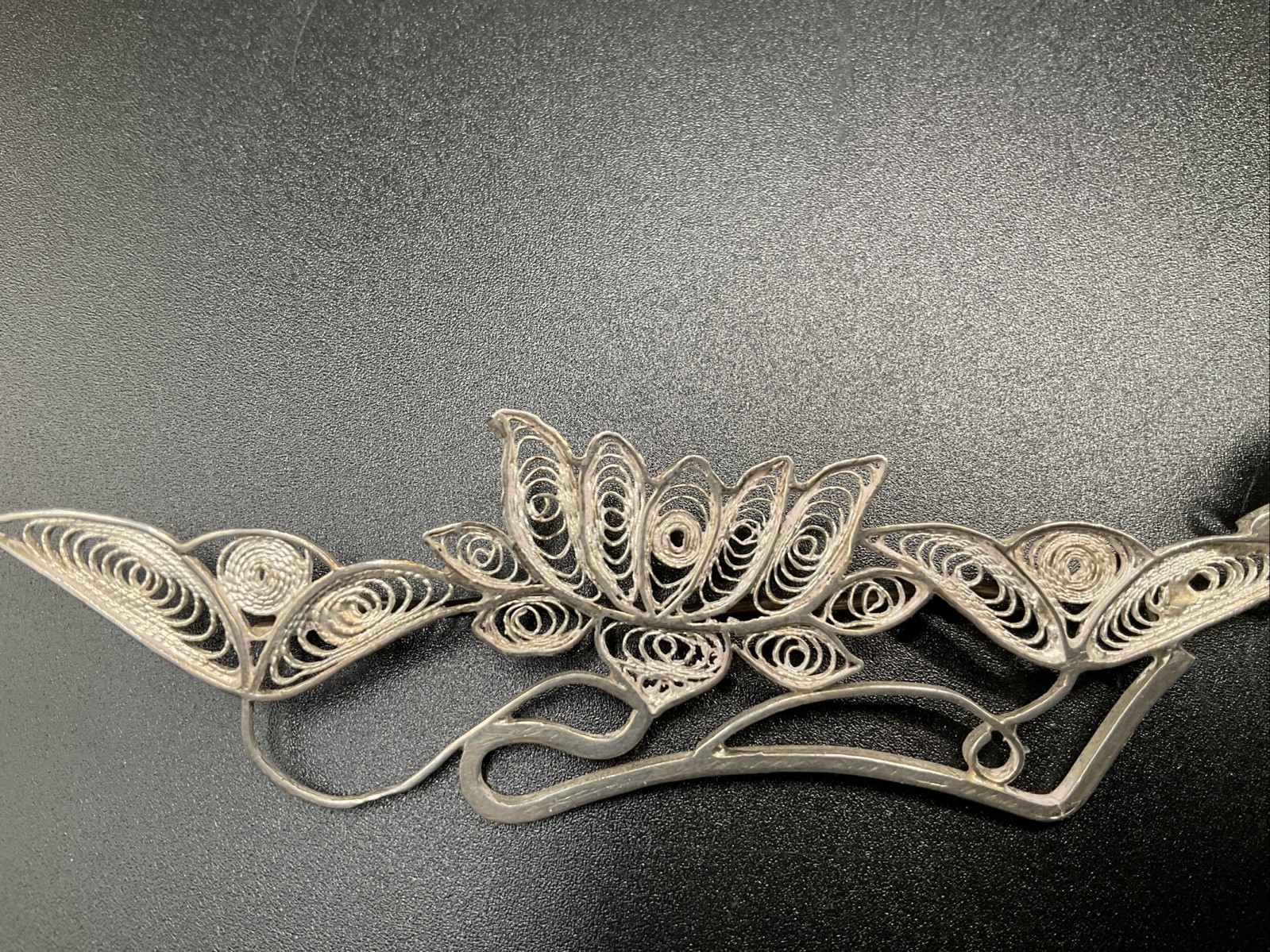 Hand Made EUROPEAN Filigree Brooch 4 in. Silver Lotus Floral