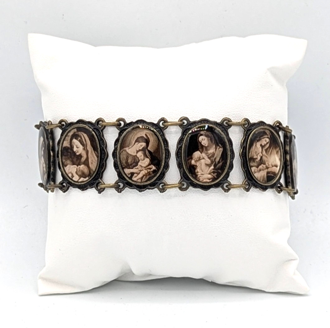 Vintage Religious Panel Link Bracelet Madonna & Child Sepia Mother & Baby