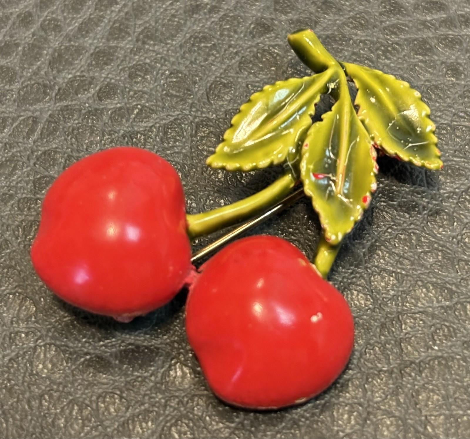 Vintage Enamel Red Green Cherry Brooch Gold Tone Pin