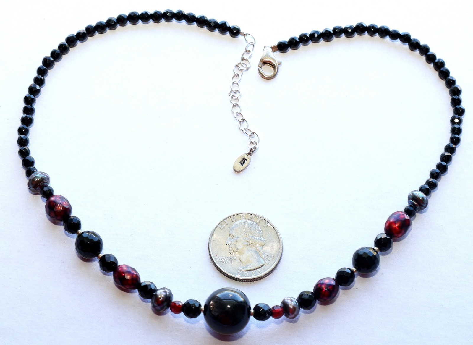 BARSE Sterling Necklace Black Dark Red Gray Beads Balls .925 Silver THAI 19″