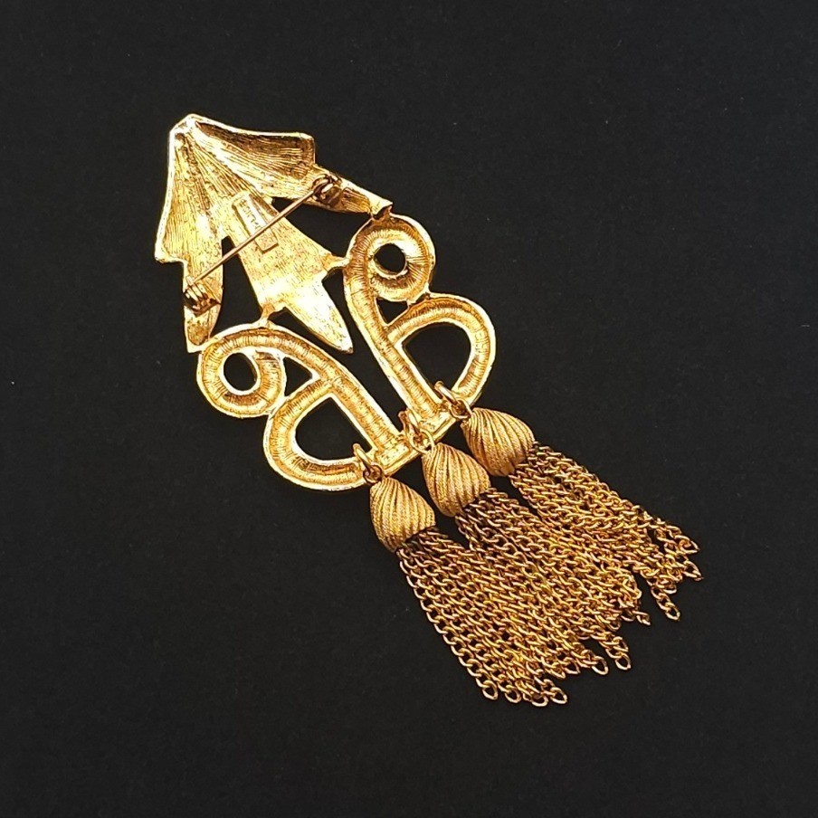 Designer Carol Dauplaise 4″ Tassel Brooch Statement Gold Tone Vtg Knot Dangle