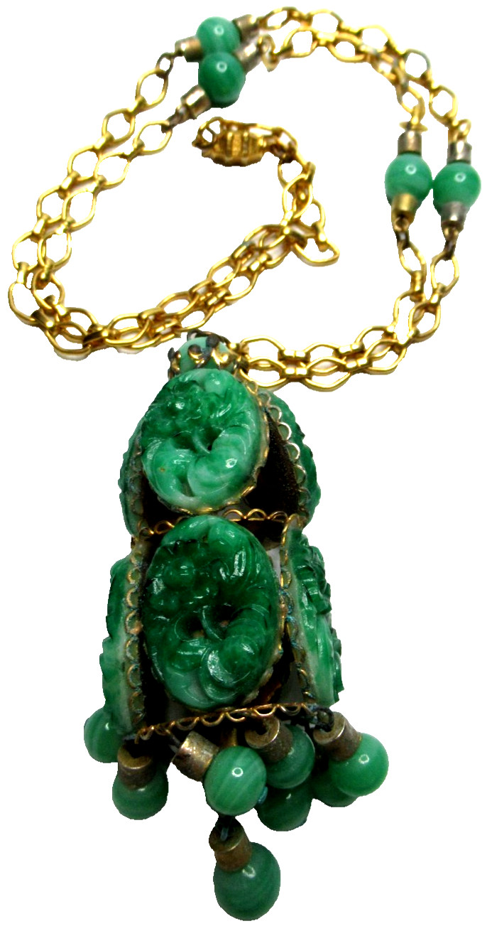 Amazing Carved Peking Green Jade Glass 3 Dimensional Vintage Pendant Necklace