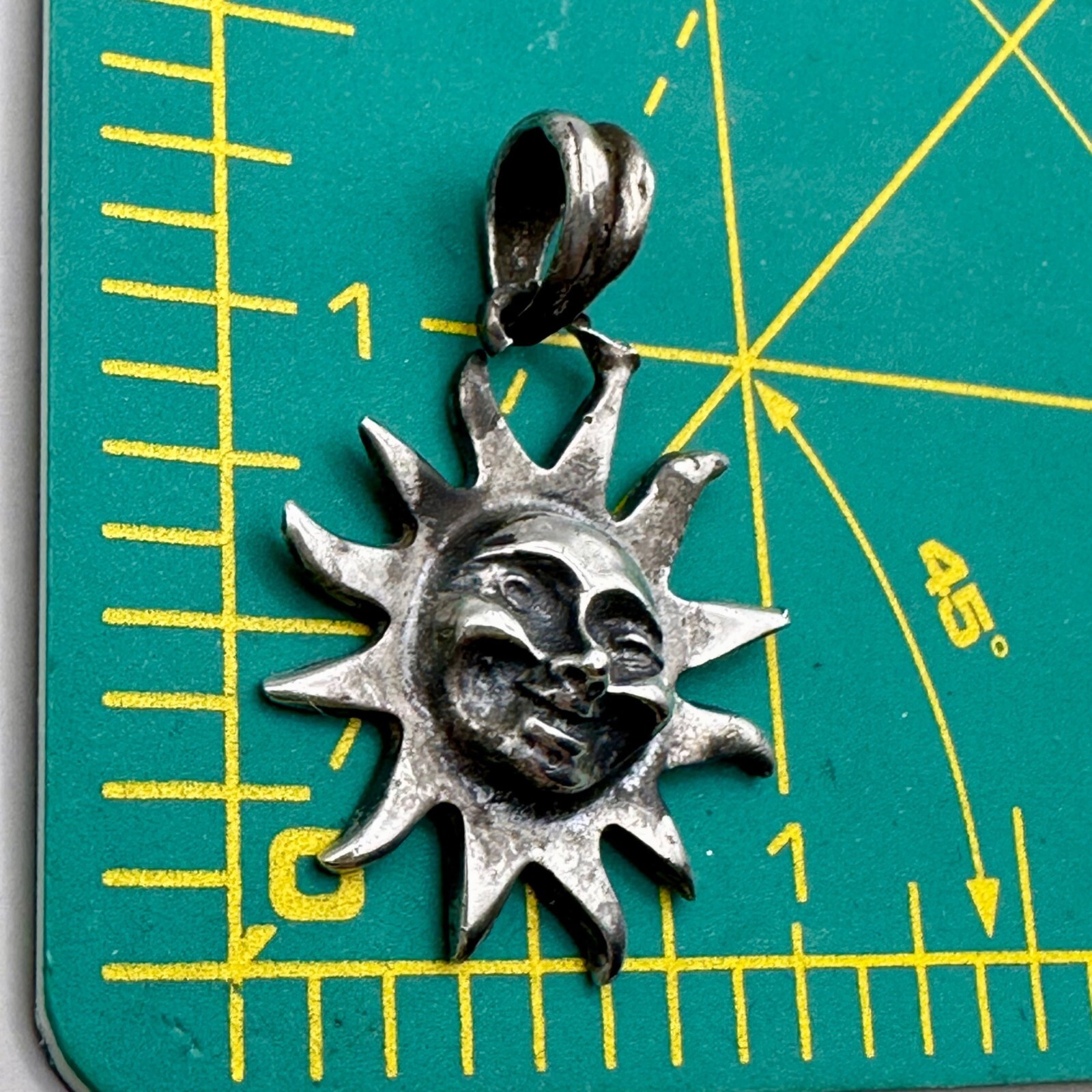 Happy Sun Face Pendant Celestial God Cast Sterling Silver Marked 925 Tilted Bail