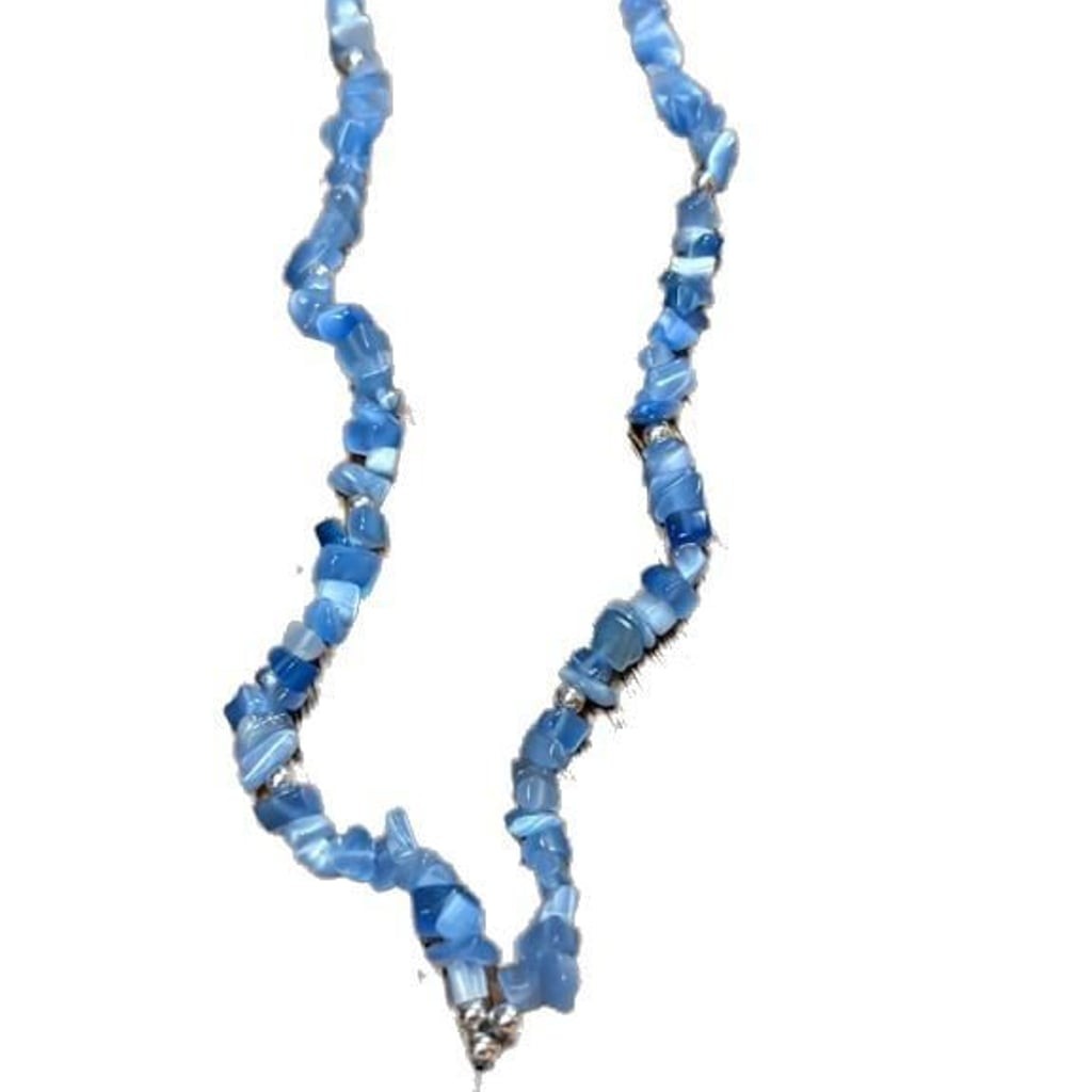 Vintage Blue Cat’s Eye Glass Chip Beaded Necklace with Matching Pendant