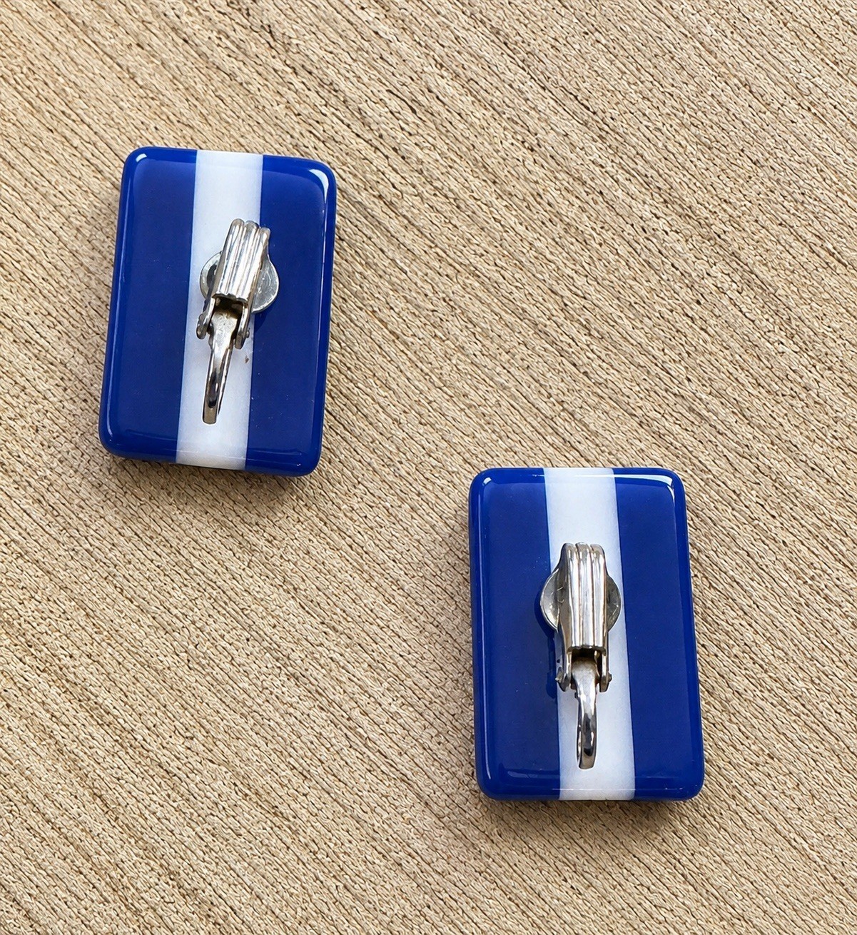 Vintage Blue Lucite White Stripped Rectangle Drop Earrings Clip On 1 1/4”