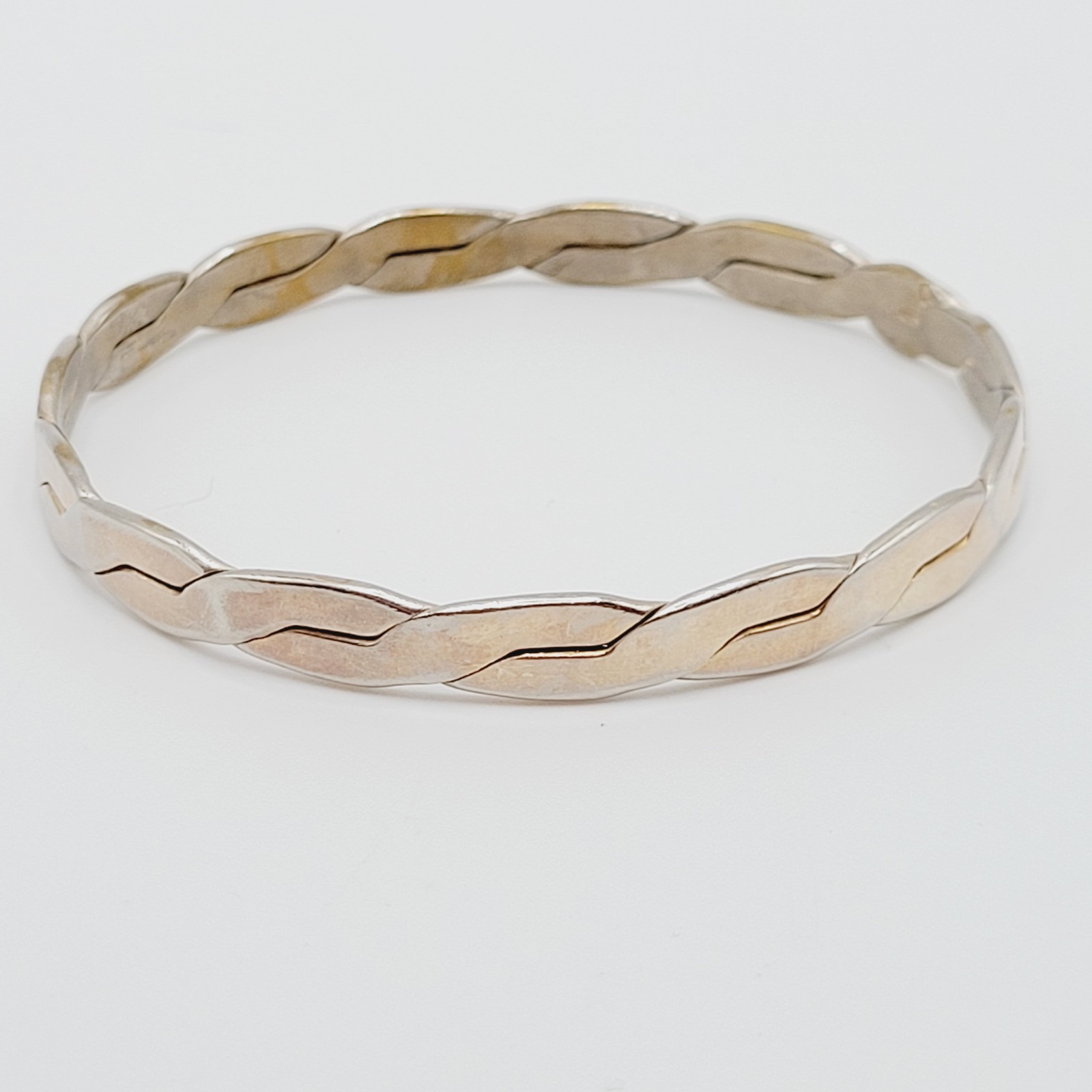 Vintage Mexico Metal Flat Braid Worn Silver Tone Brass Bangle Bracelet 8 Inch