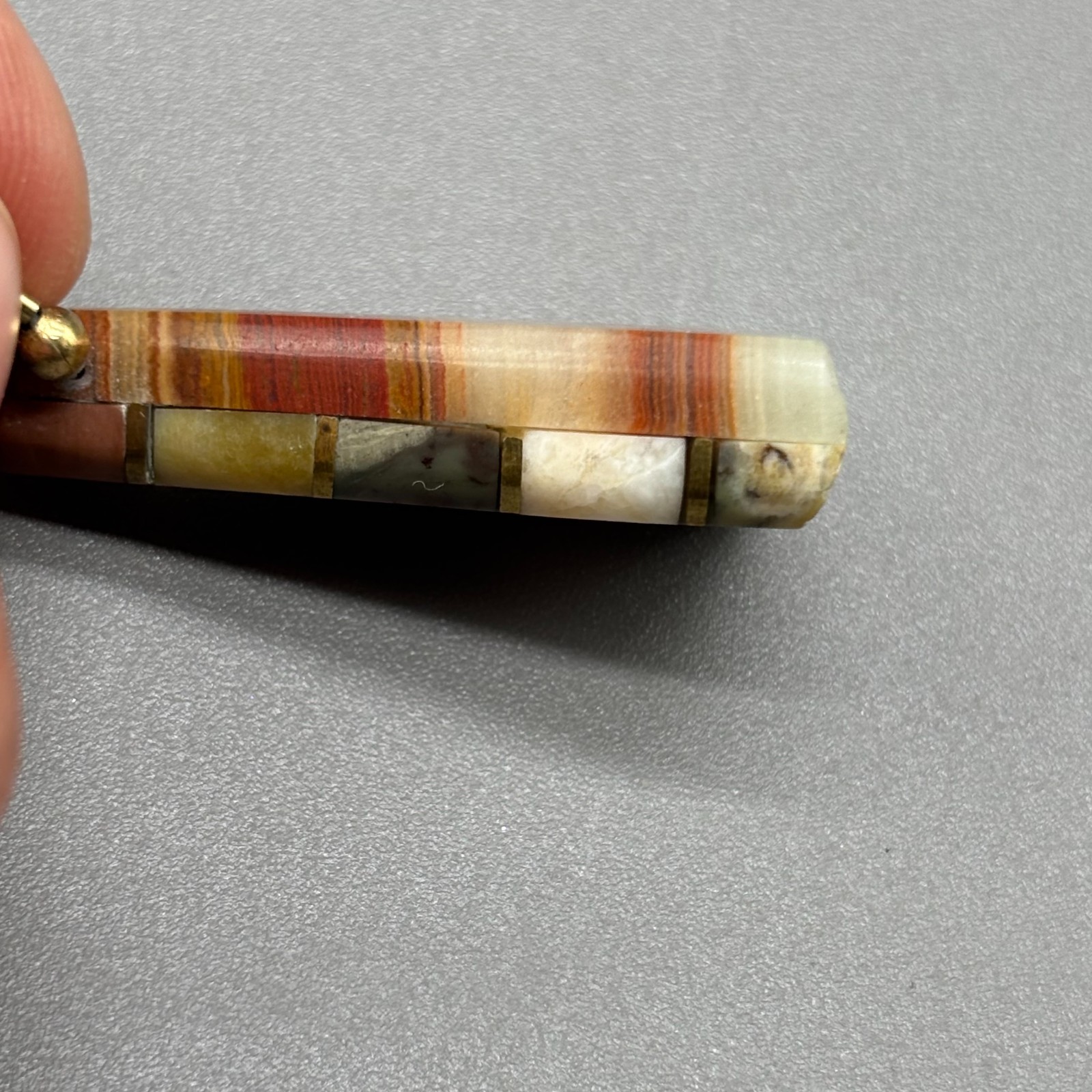 Vintage Stone Inlay Pendant Necklace Banded Onyx Southwest Style Triangle Gold