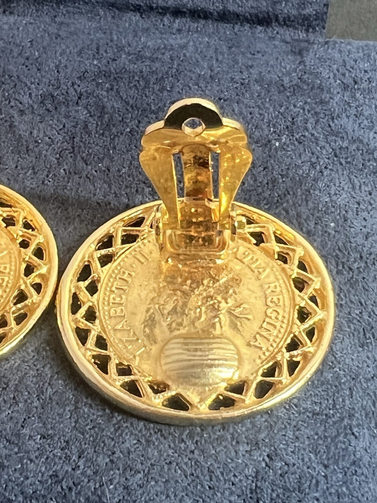 Gay Boyer Vintage Queen Elizabeth II Clip On Earrings Gold Tone 1”