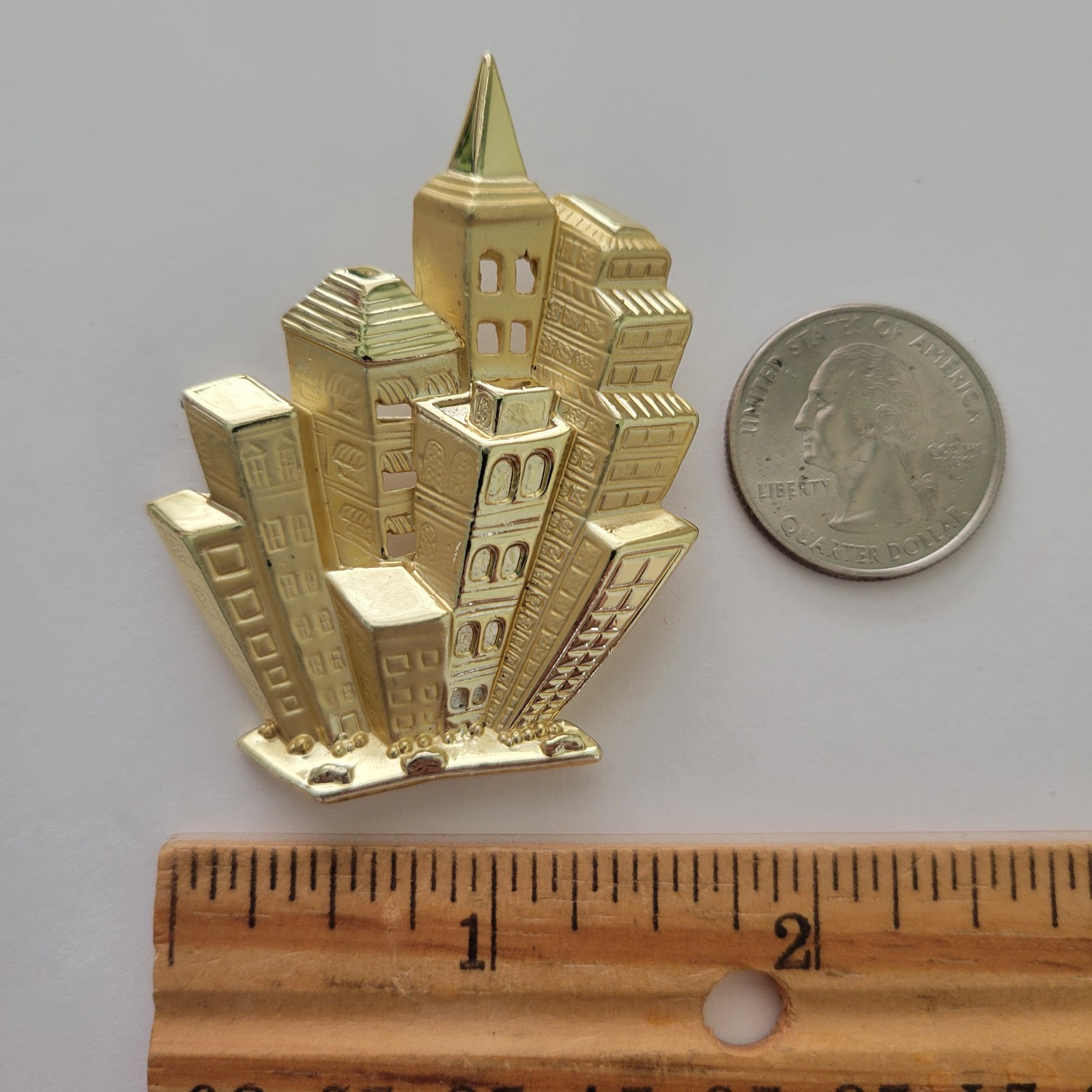 Vtg Signed AJC Gold Tone Pin Brooch Skyscraper Cityscape City Tall Buildings 2”