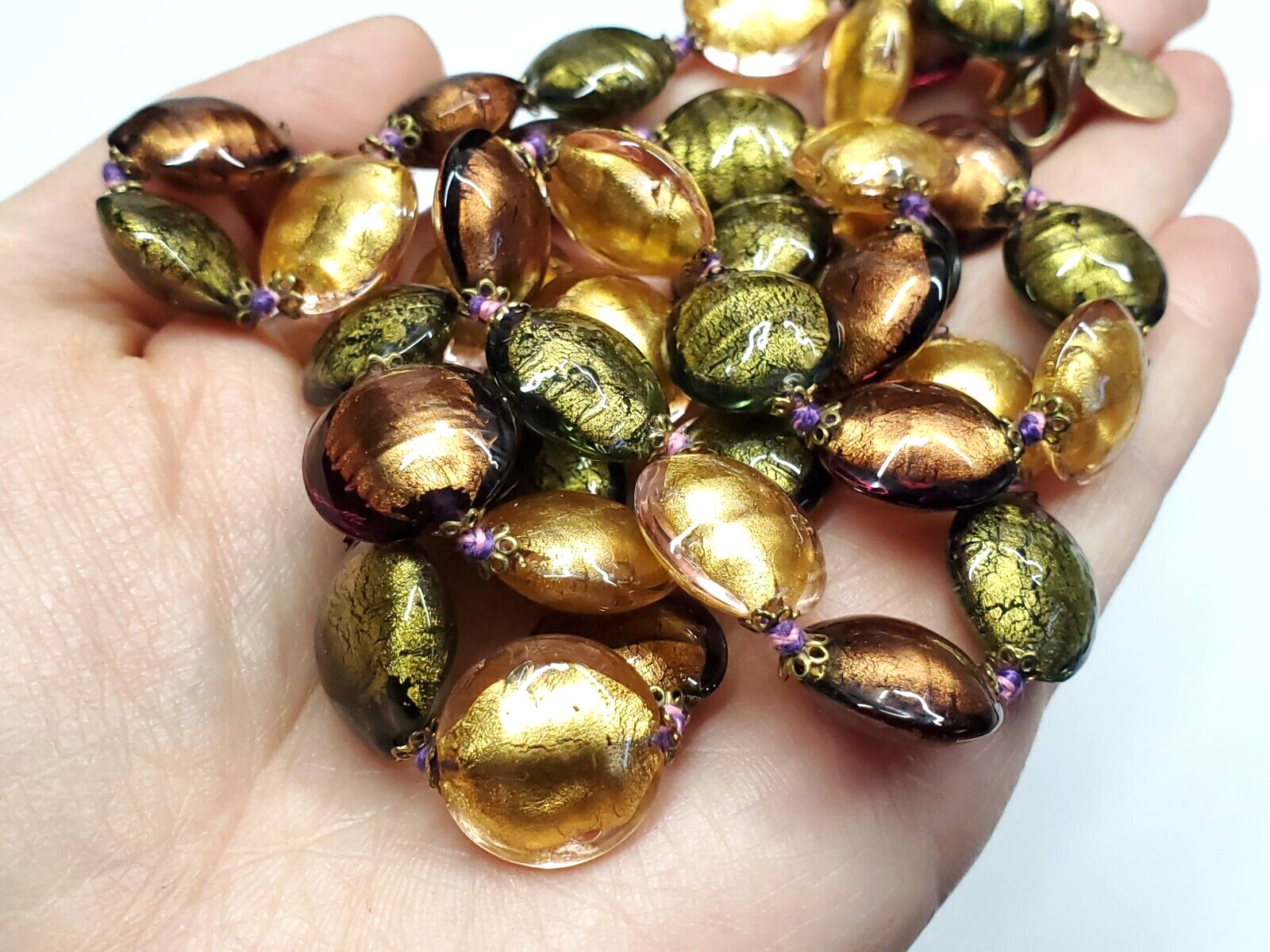 Vintage Signed Elma Venezia Italy Art Foil Glass Green Brown Gold Long Necklace