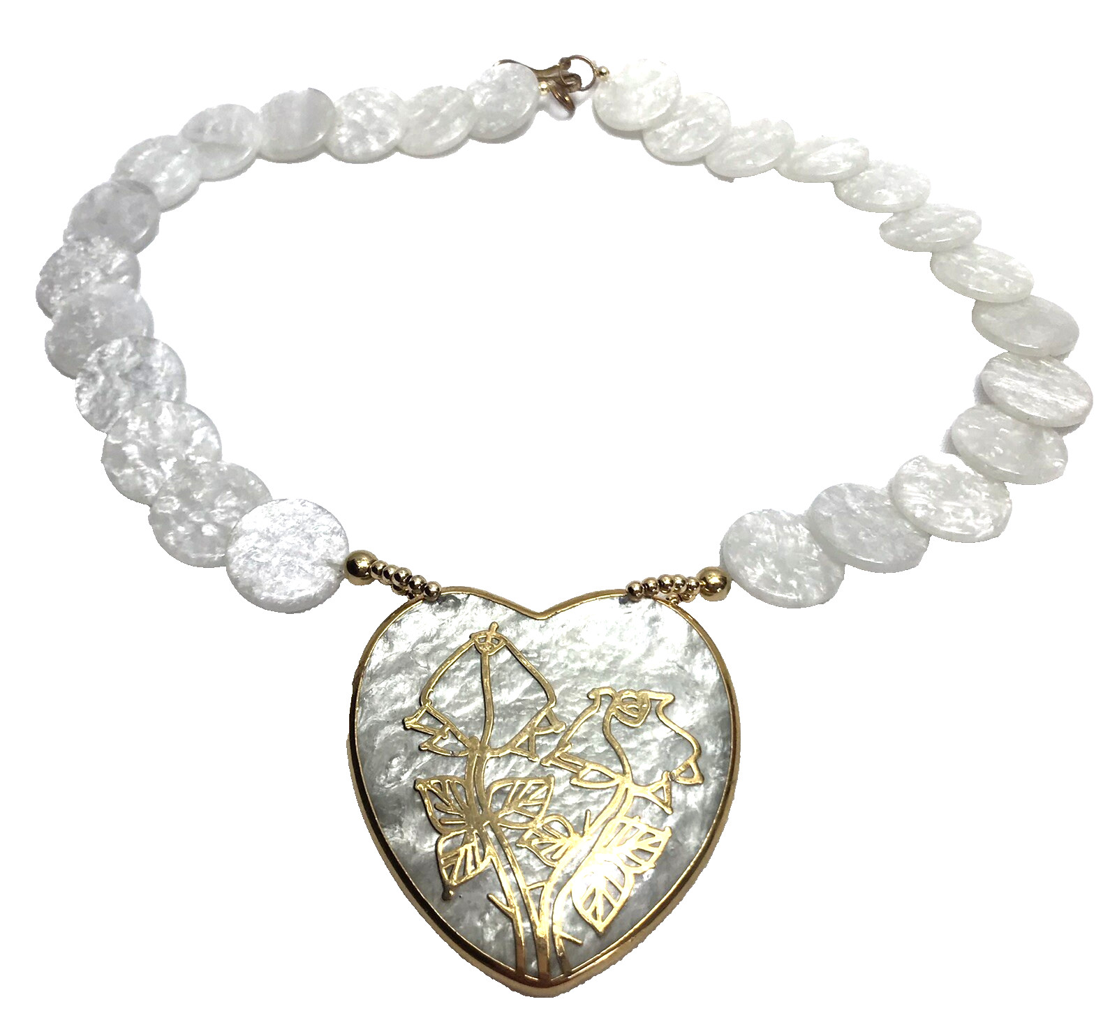 New Vintage White Lucite Statement Necklace Gold Tone Roses Made in Taiwan ROC