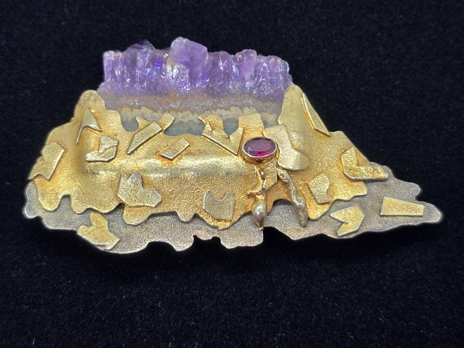 Large Vtg Artisan Sterling Silver Amethyst Geode Gemstone Brooch Pin