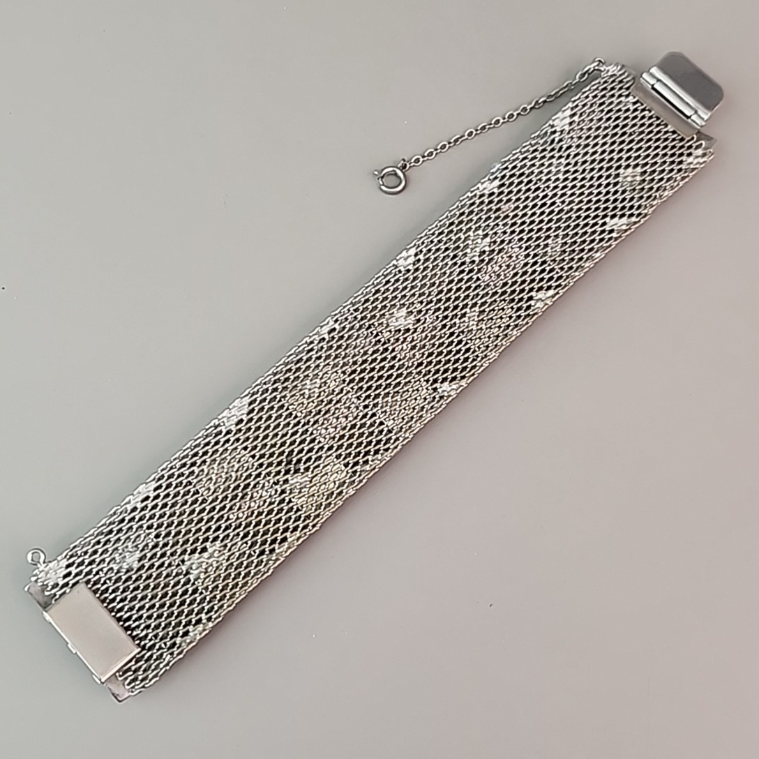 Vintage Wide Mesh Bracelet Silver Tone Wavy Panels 6.5″