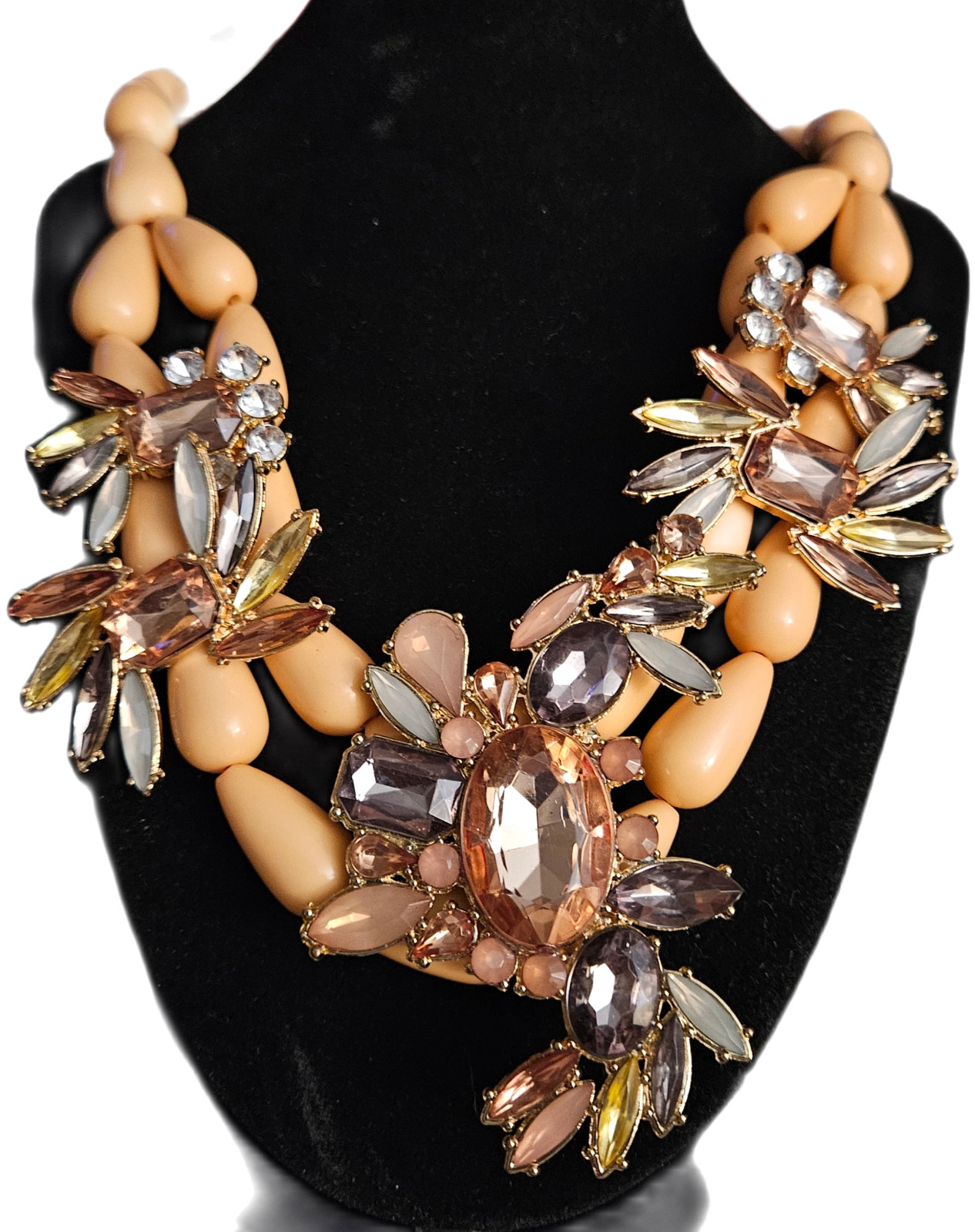 VINTAGE Peach Bead Multicolor Rhinestone Double Strand Necklace 17 18 19 Inch