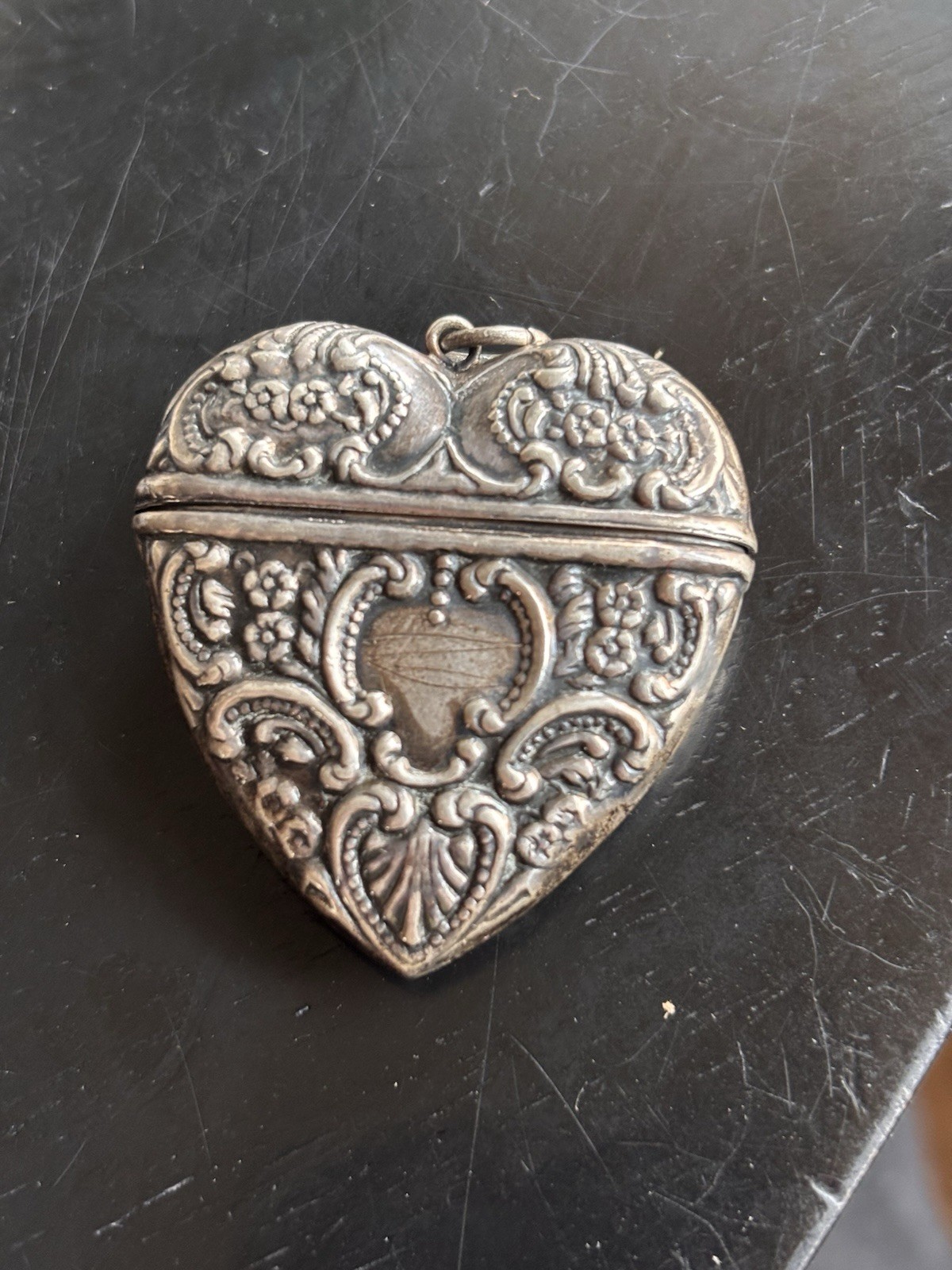 Sterling Silver Heart Repousse Victorian style Large box vintage Pendant 1900s