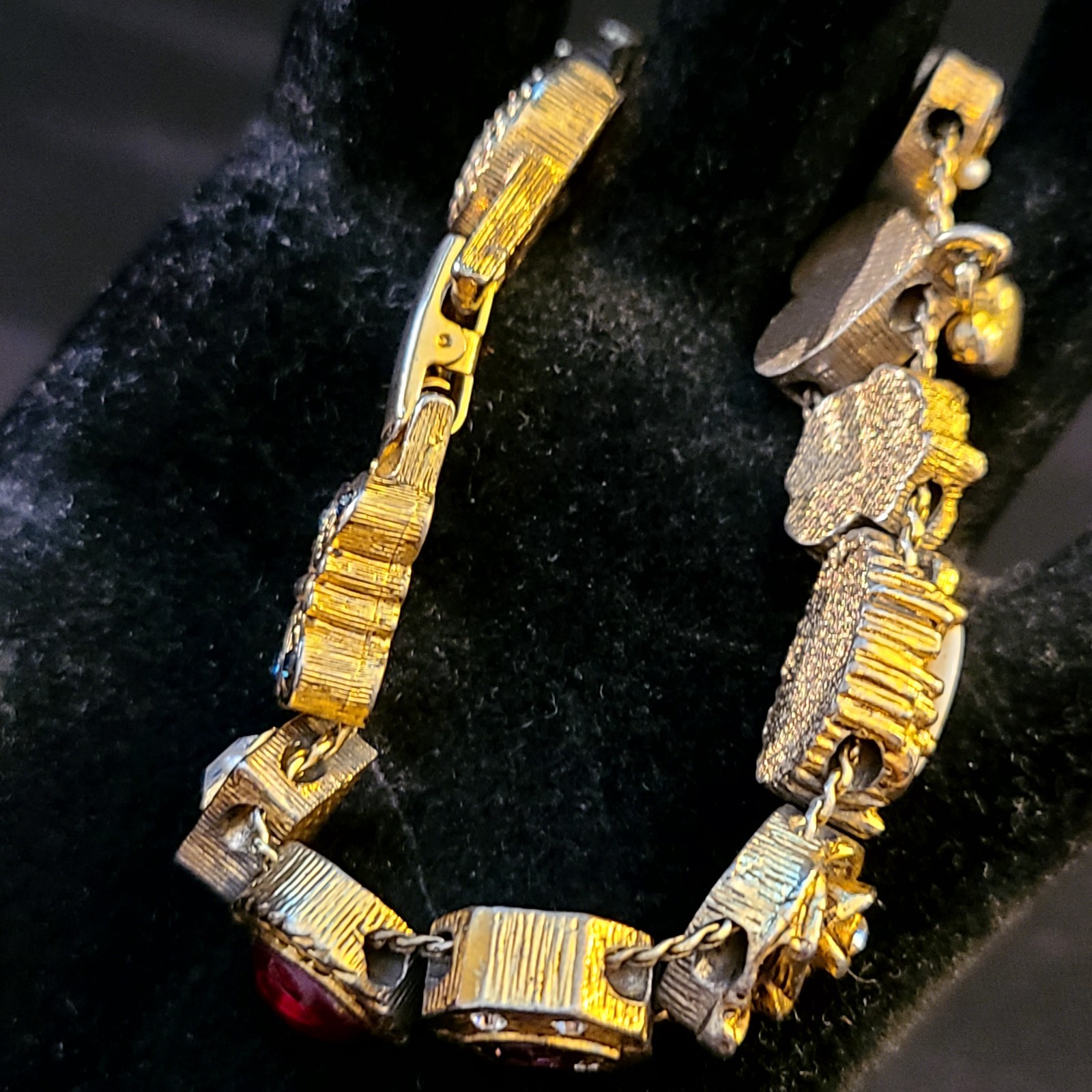 Vintage Victorian Gold Tone Slide Bracelet (14) Charms Mom Cameo Butterfly Heart