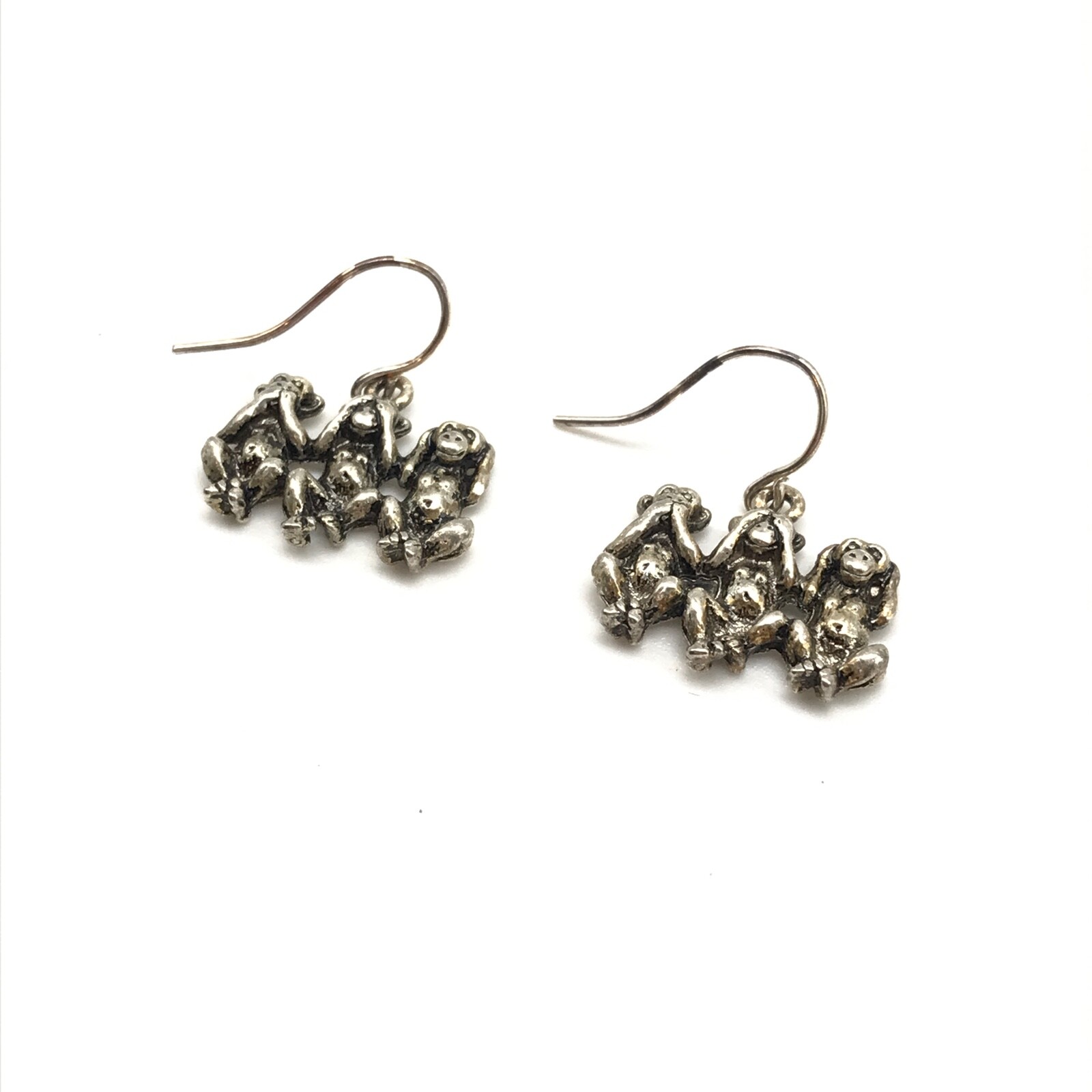 Vintage Silver Tone Triple Monkey Animal Themed Dangle Earrings