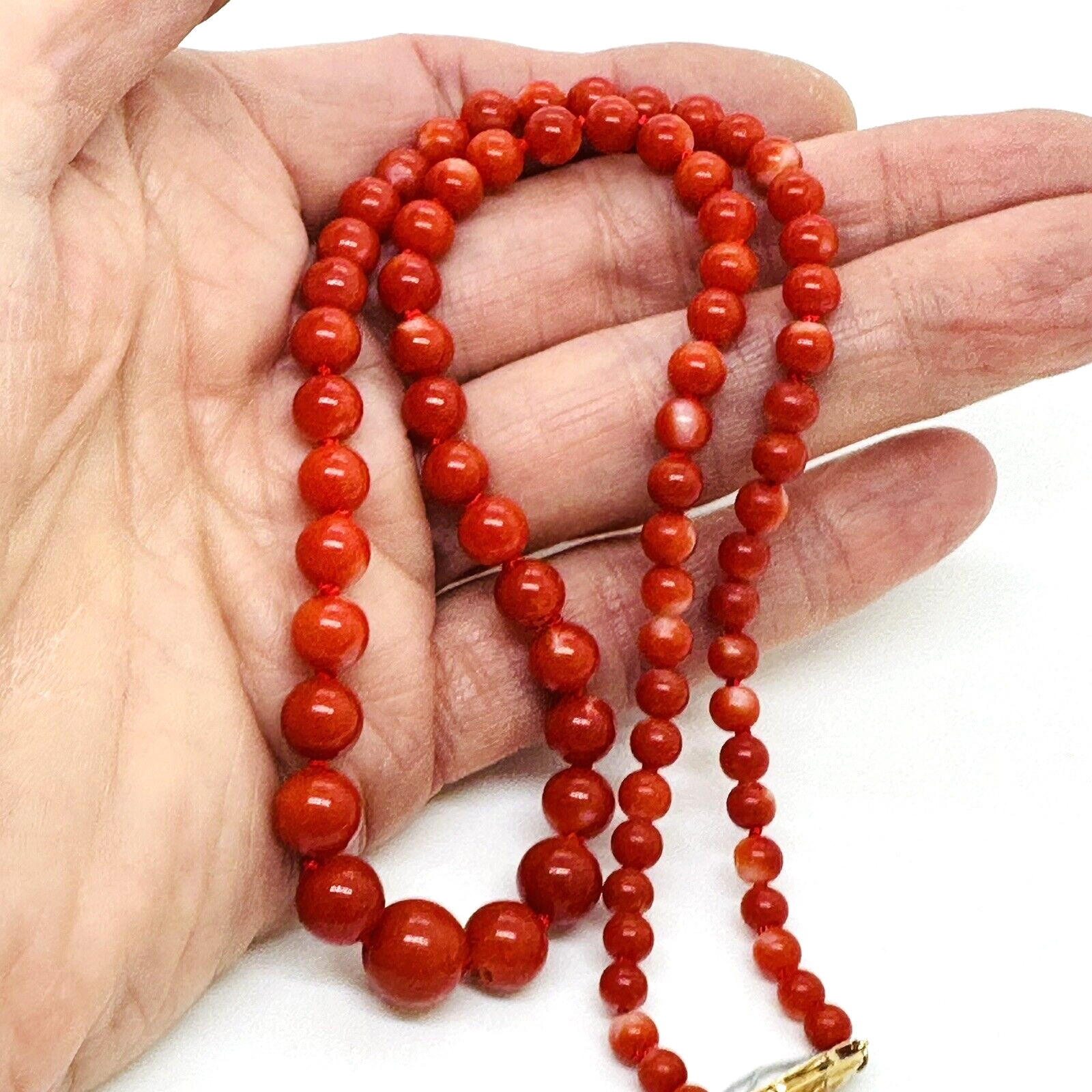 Natural Red Coral 9 mm x 4 mm Strand 18k Yellow Gold Necklace 17.5″