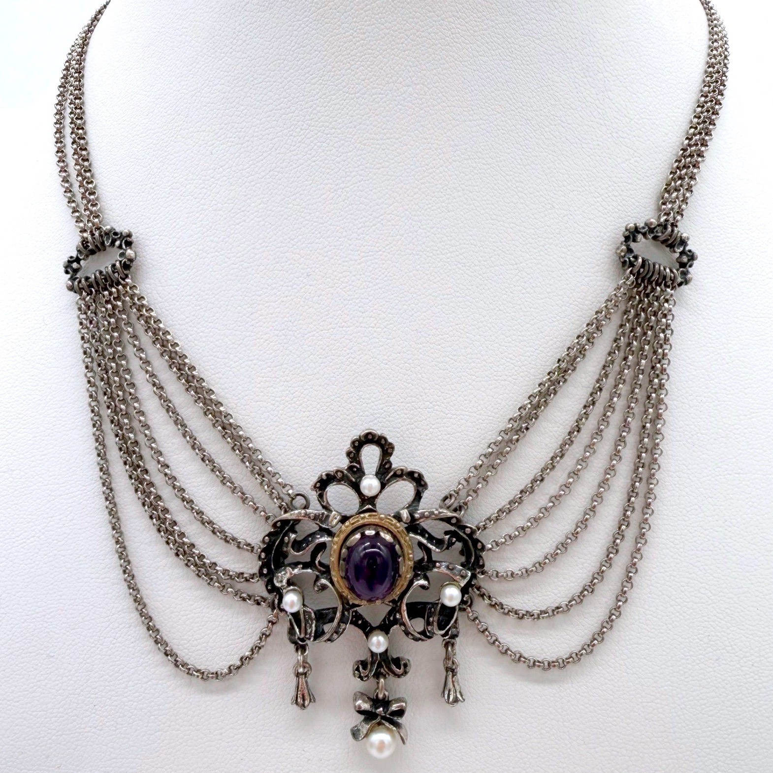 Antique 835 Silver Festoon Necklace Amethyst Pearl German Edwardian Art Nouveau