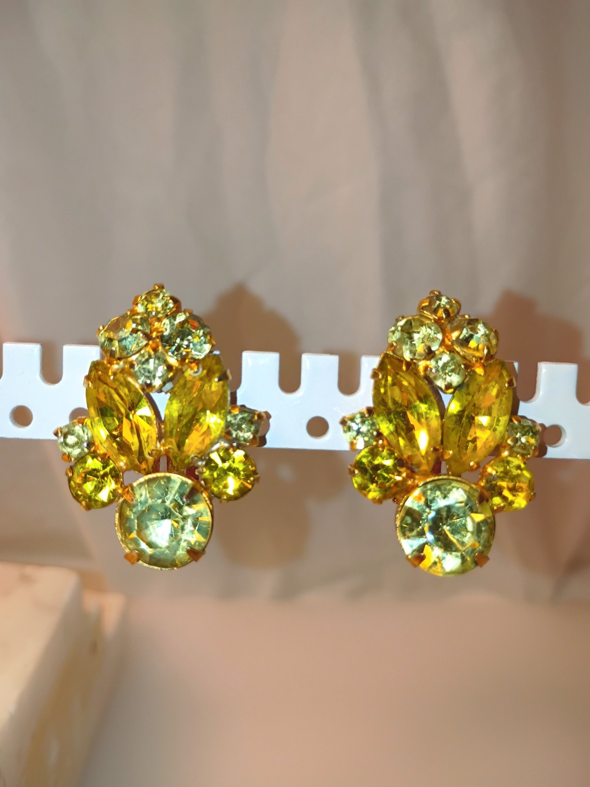 La Roco Rhinestone Vintage Clip Earrings Yellow w Gold Filled Metal
