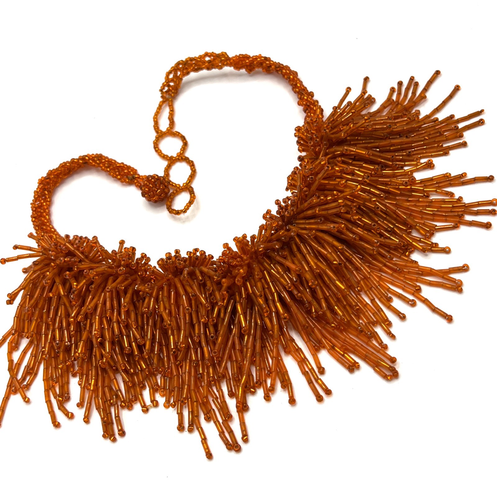 Vintage Orange Glass Beaded Fringe Necklace – Pom Pom Bib Statement Necklace