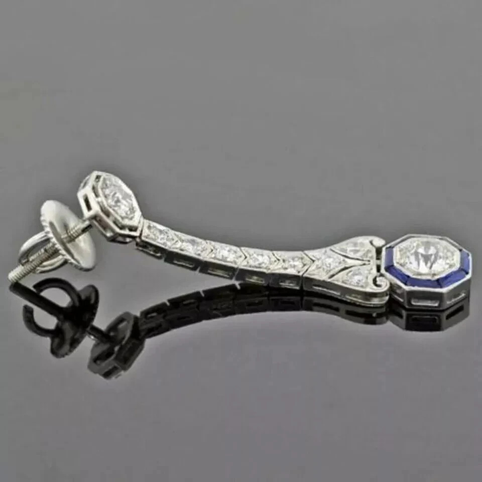 14K White Gold FN Art Deco Style Lab Created Diamond & Sapphire Drop Earrings