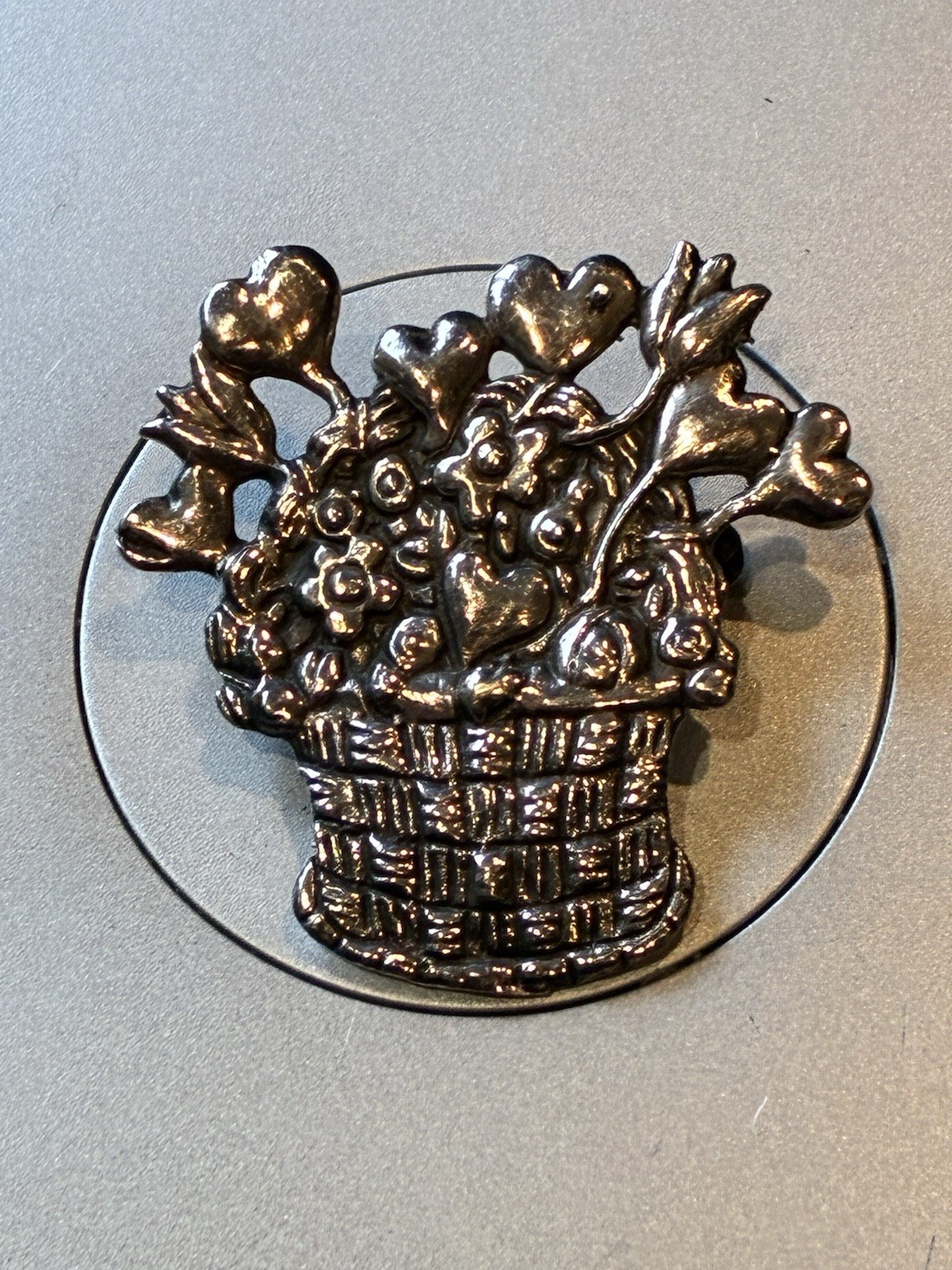 Meink Signed 925 Sterling Silver Brooch Basket of Hearts and Flowers